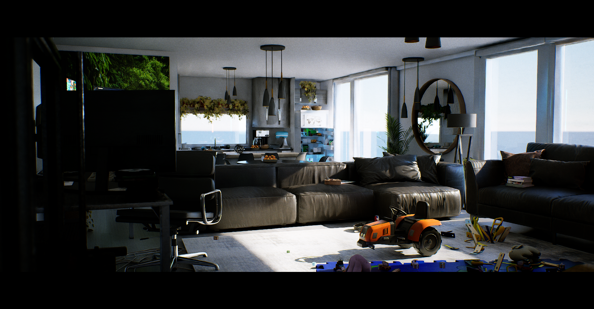 an abstract photo of a curved building with a blue sky in the background