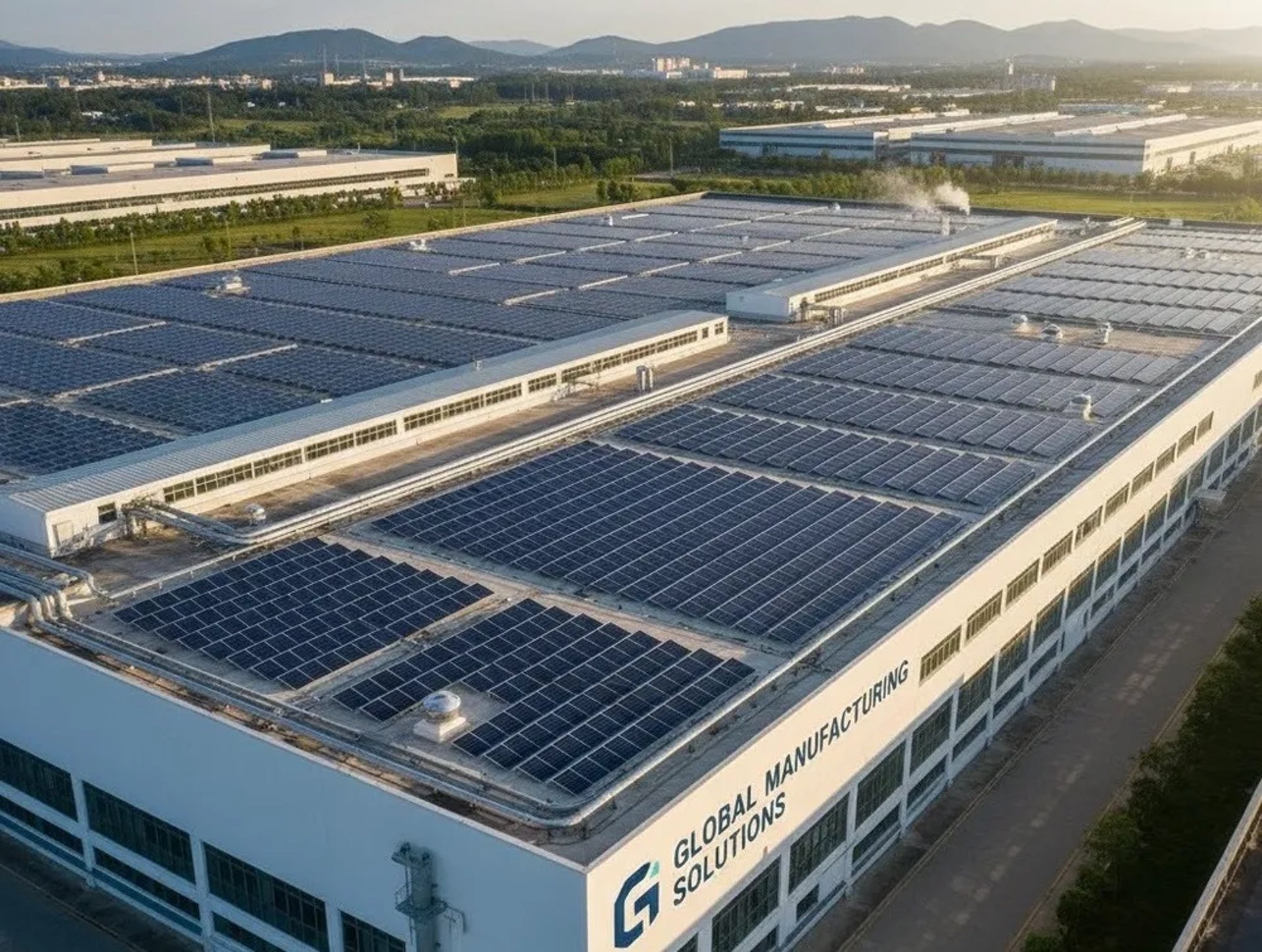 Fotografía desde arriba del techo de una empresa que tiene instalados paneles solares para industria de manufactura.
