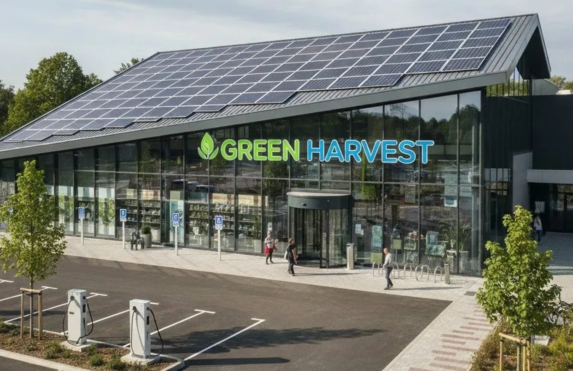 Fotografía de una tienda con logotipo en colores verde y azul que utiliza paneles solares para industrias retail.
