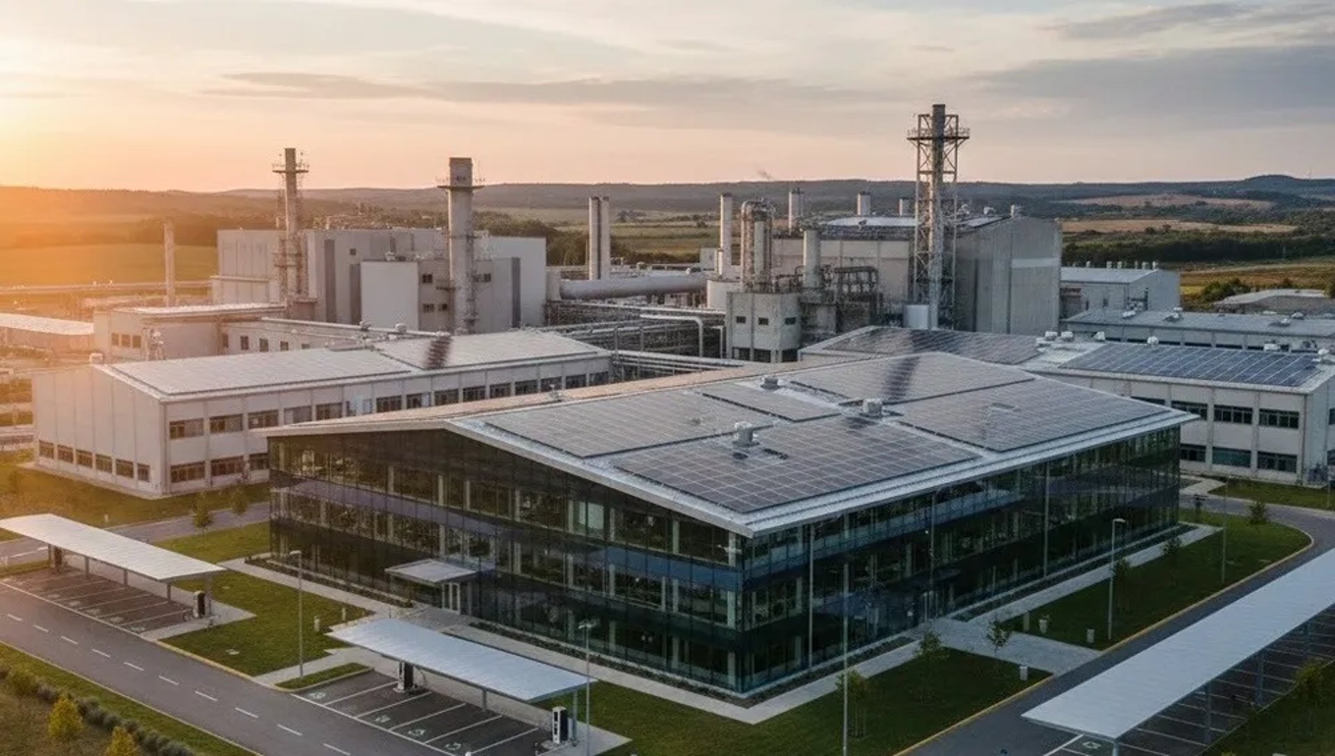 Fotografía desde arriba de las instalaciones de una empresa que usa paneles solares en la industria química farmacéutica.