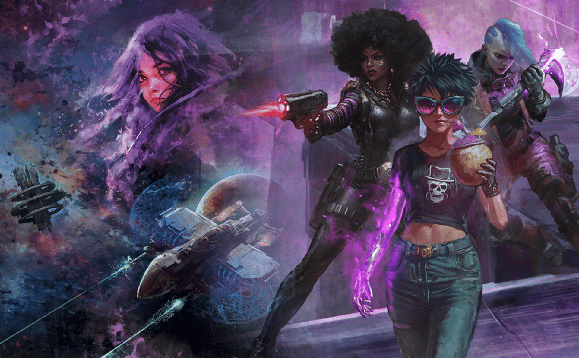 Girl's head in space, a spaceship firing lasers and three women in spaceage clothing