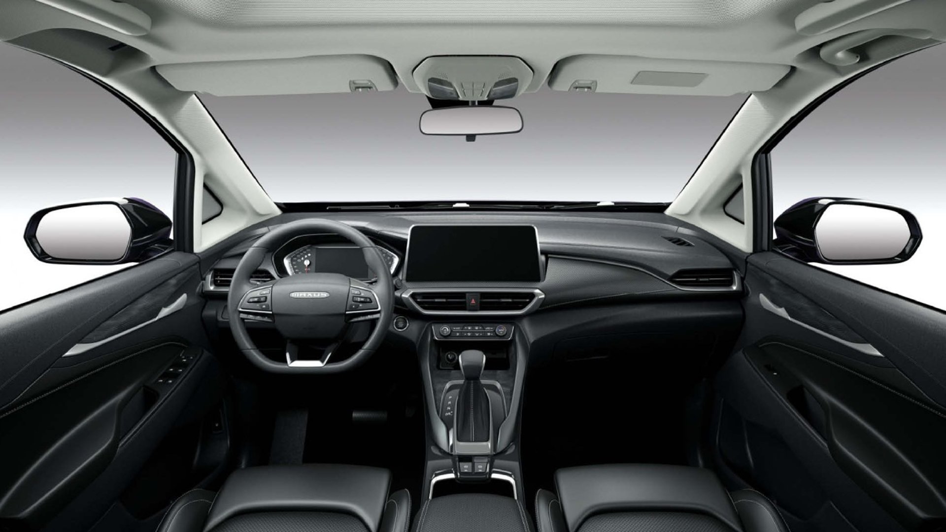 the interior of a car with a steering wheel and dashboard