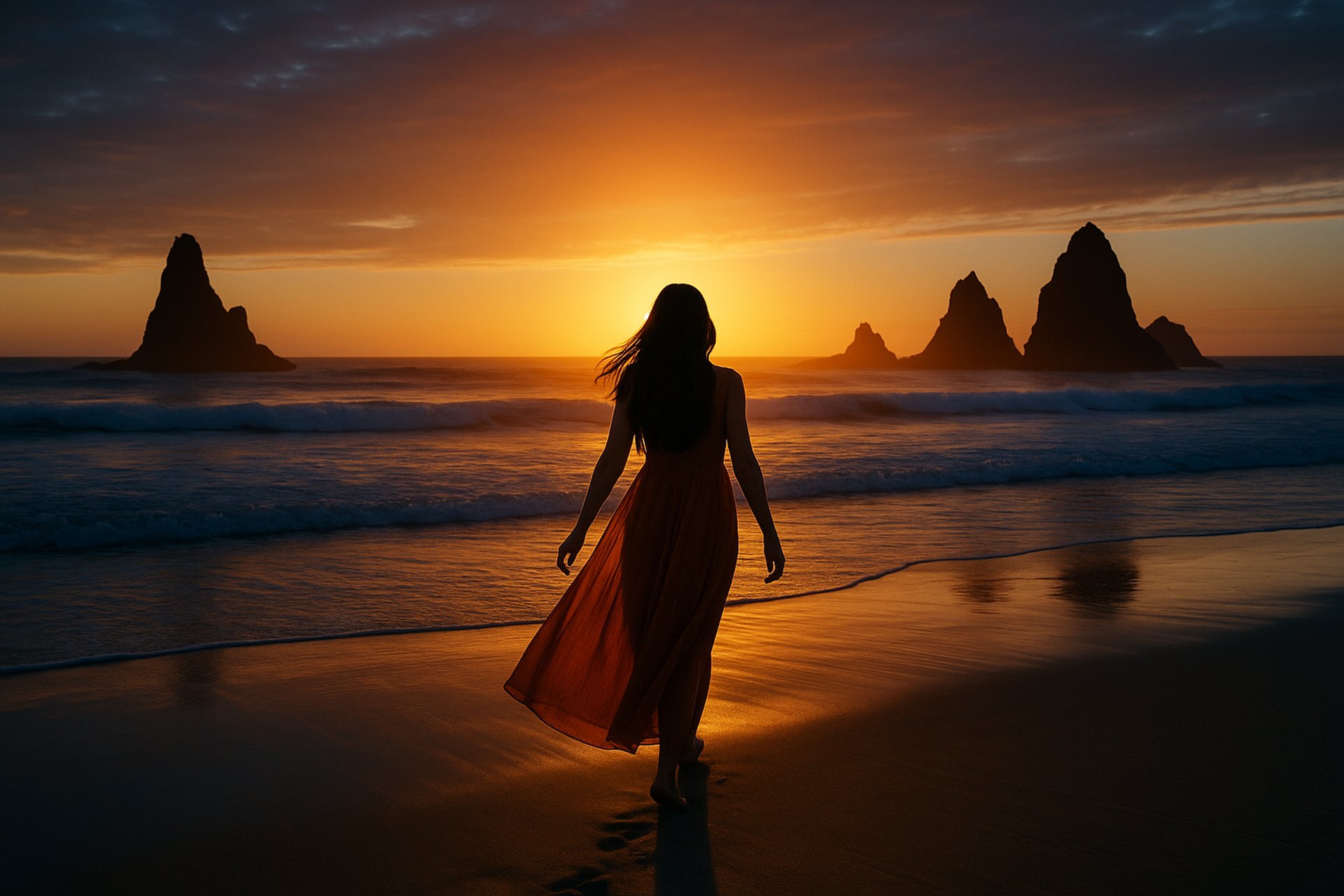 a woman in an orange dress walking through a canyon
