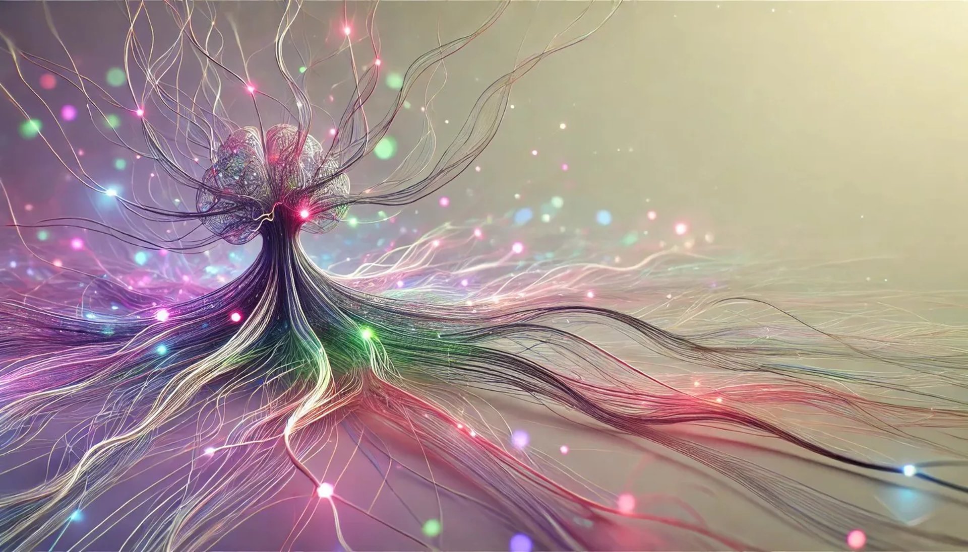 Illustration abstraite d’un cerveau avec des connexions neuronales lumineuses et des couleurs psychédéliques