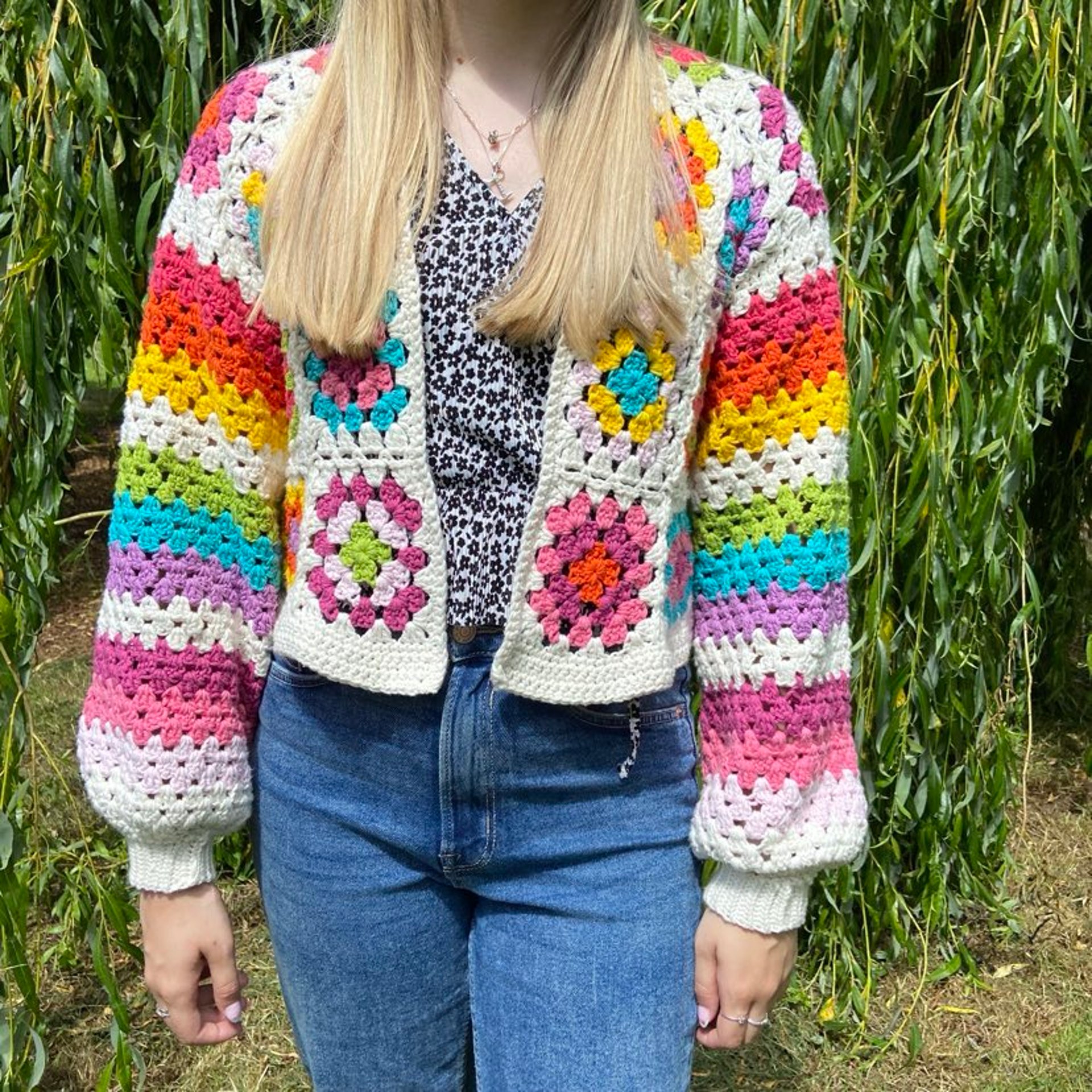 Handmade crochet cardigan with bright colours.