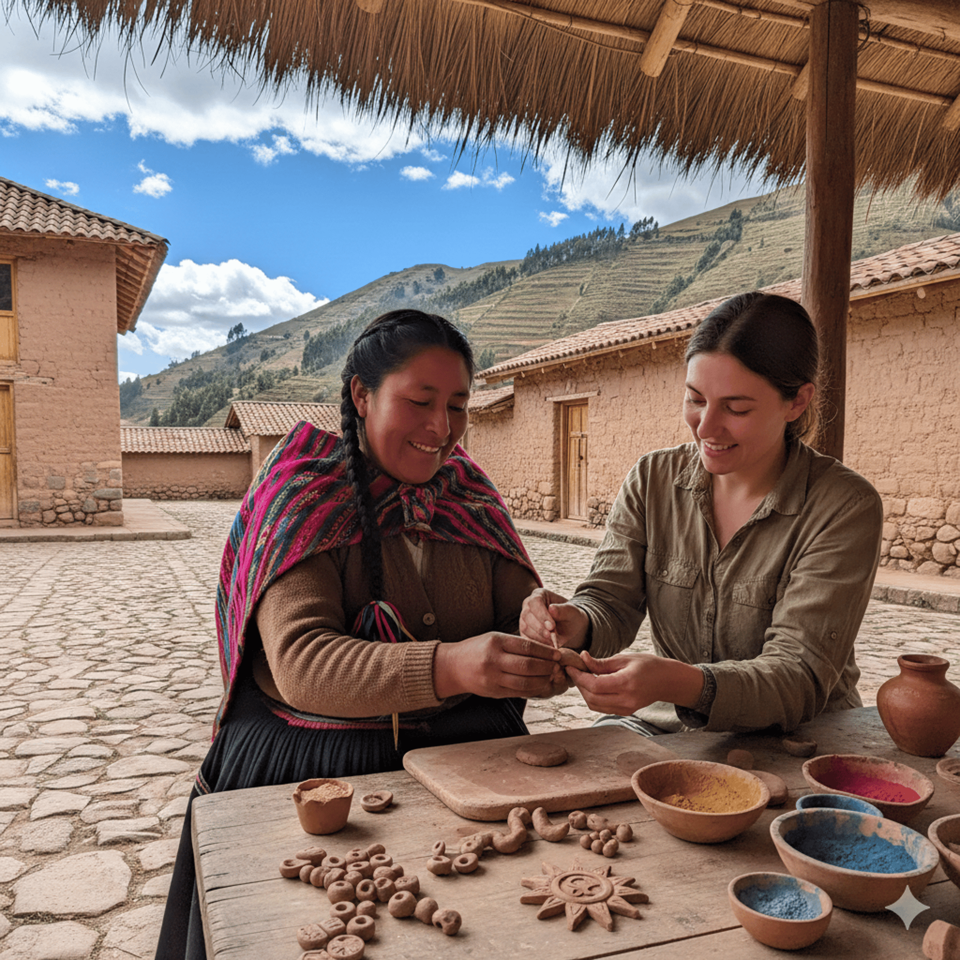 Indígena Cusqueña de raiz nativa enseñando cerámica en frío a extranjera