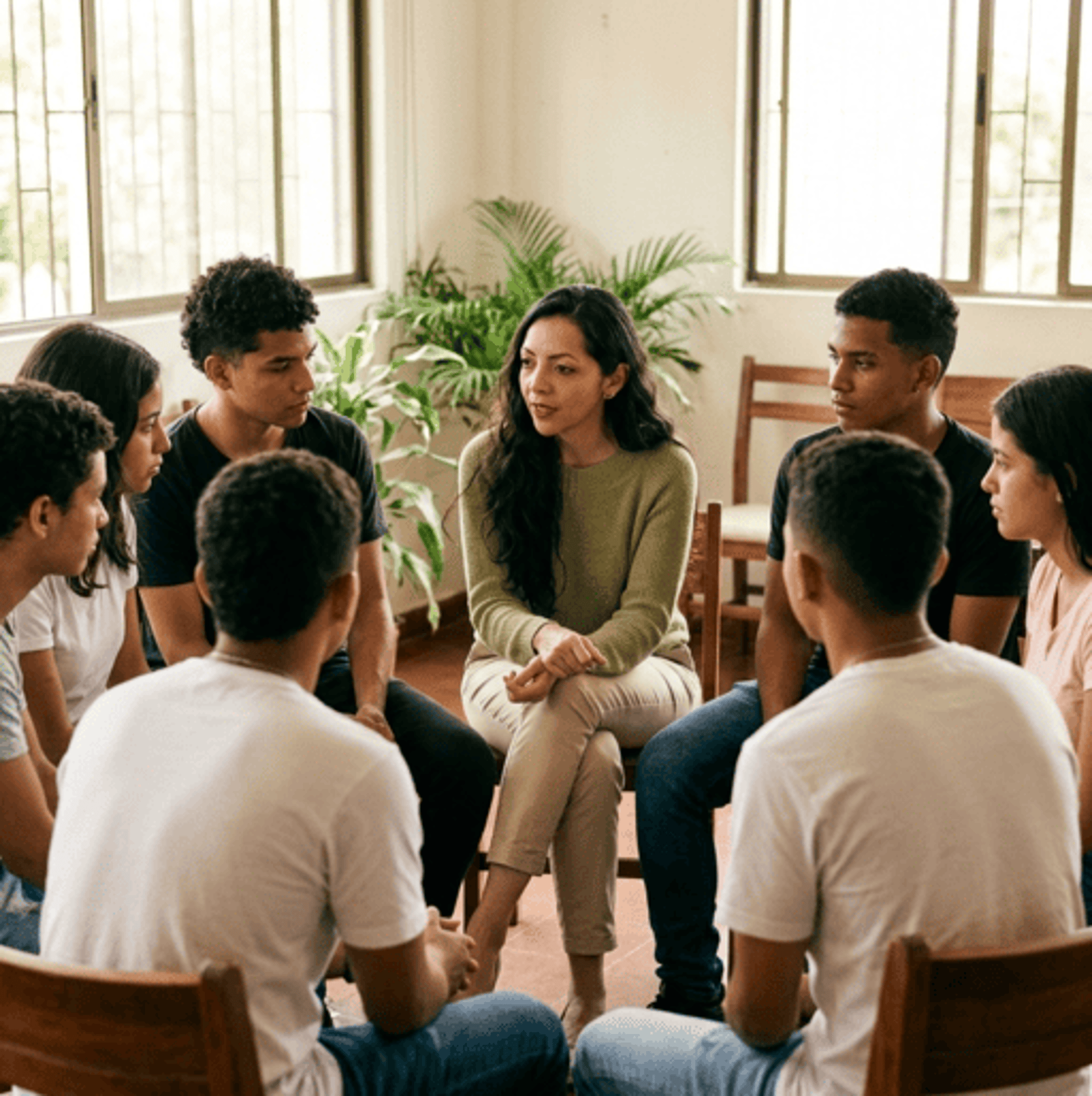 La Psicologa Mary Bejarano en terapia con un grupo de jovenes