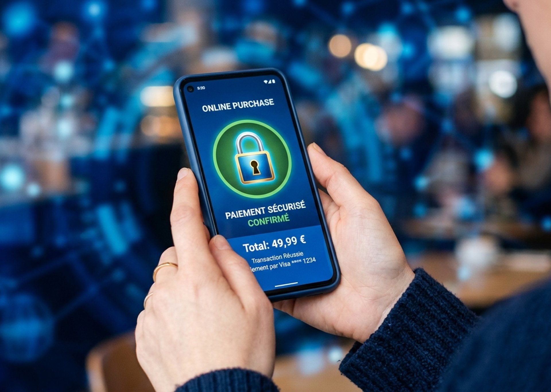 a hand holding a credit card in front of a computer