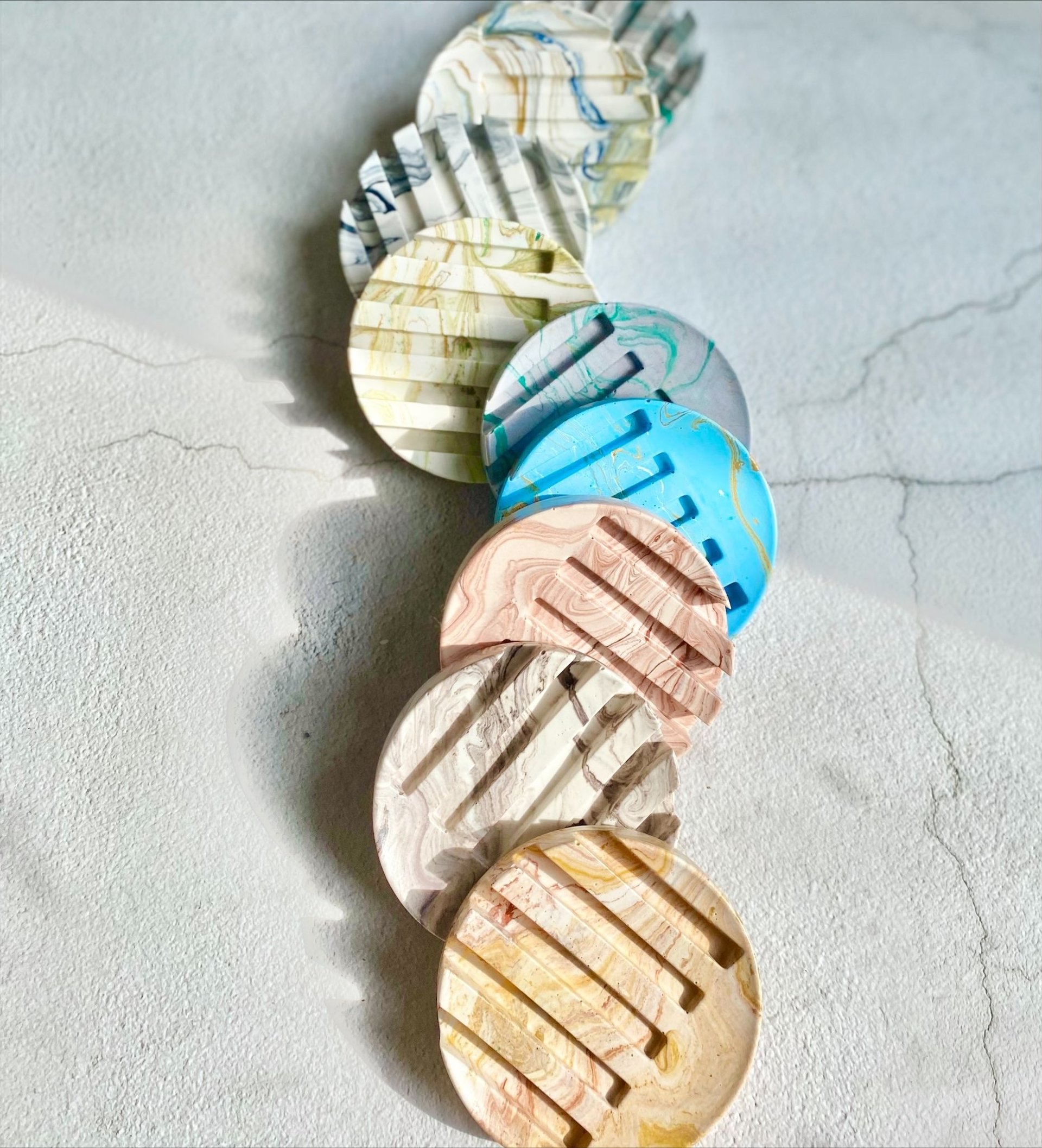 Eco friendly jesmonite soap dishes in variety of colours with marble effect