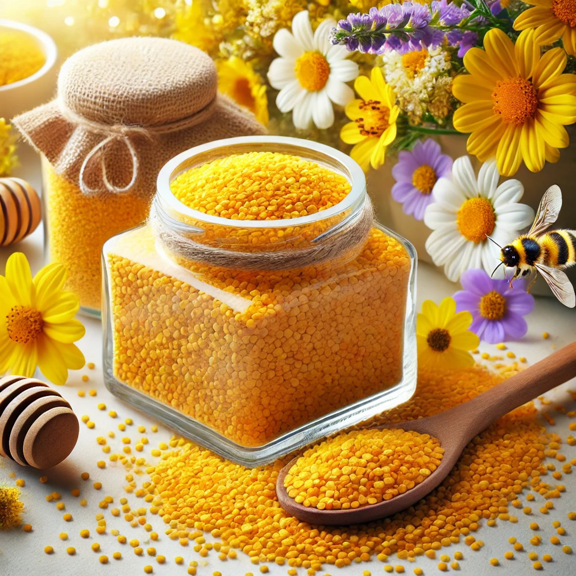 a-vibrant-high-quality-display-of-bee-pollen-granules-in-a-clear-glass-jar-with-some-granules-spilling-out-onto-a-wooden-spoo