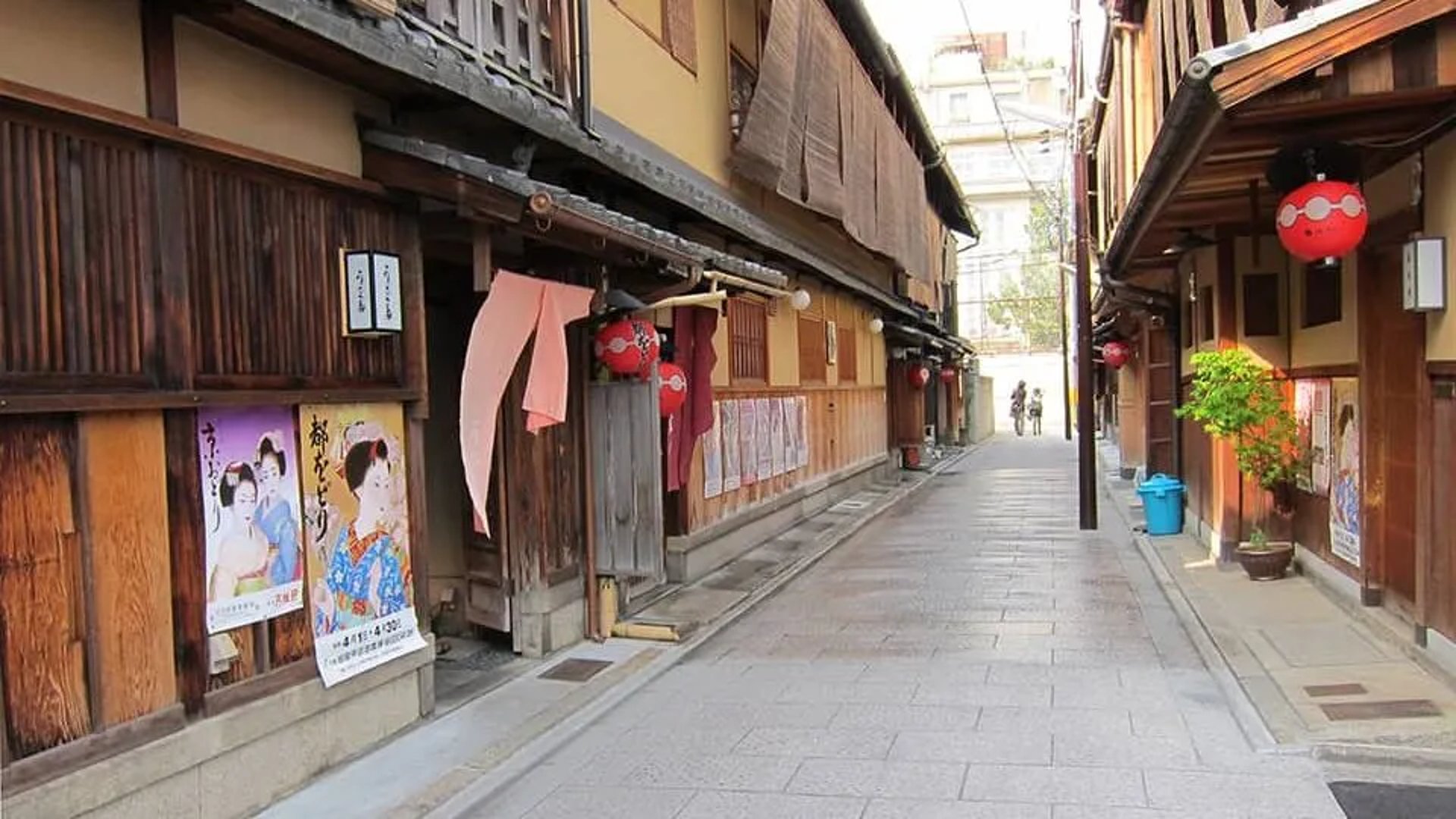 two women in purple and pink kimono standing on street