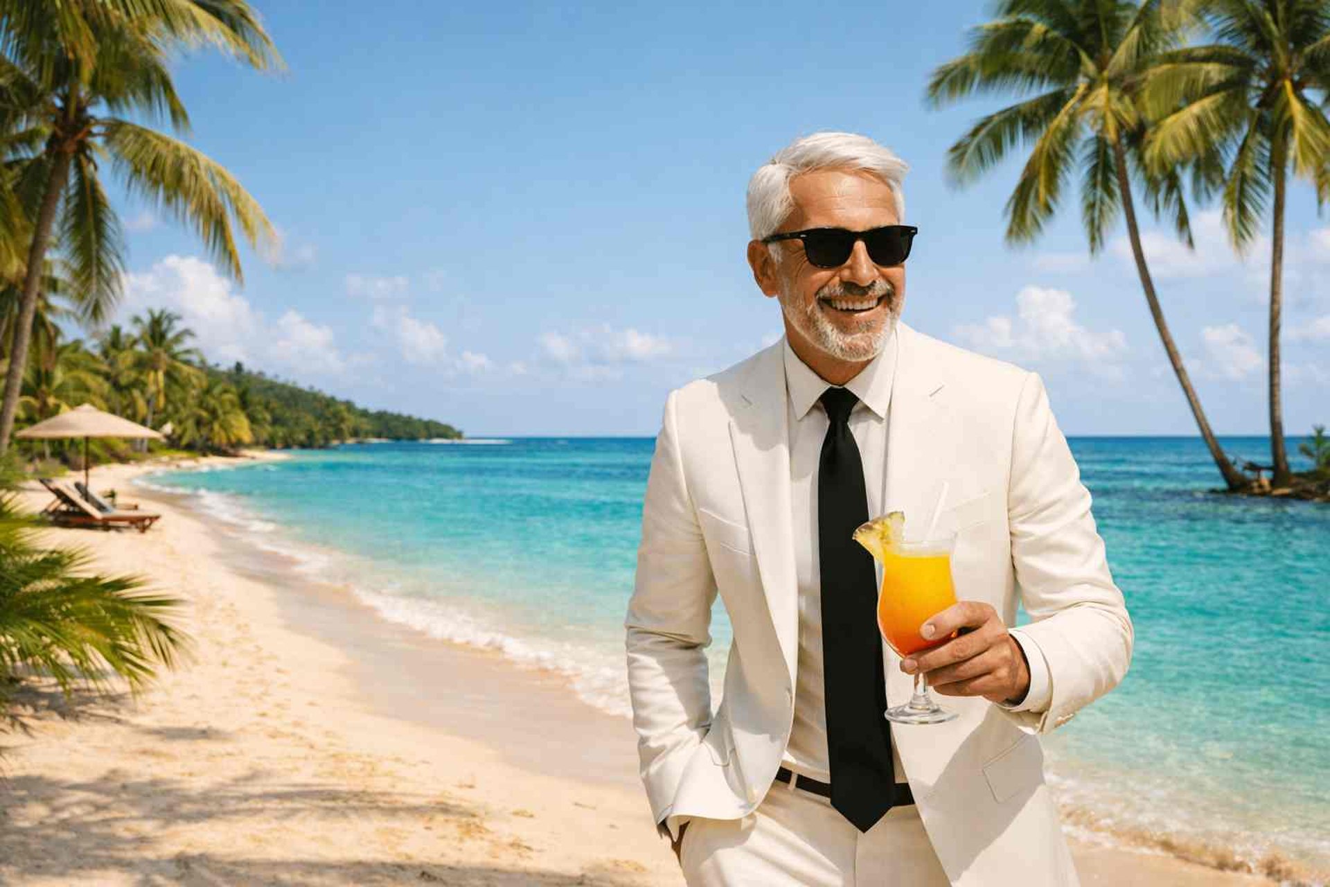 stilvoller mann mit sonnenbrille und cocktail am tropischen strand