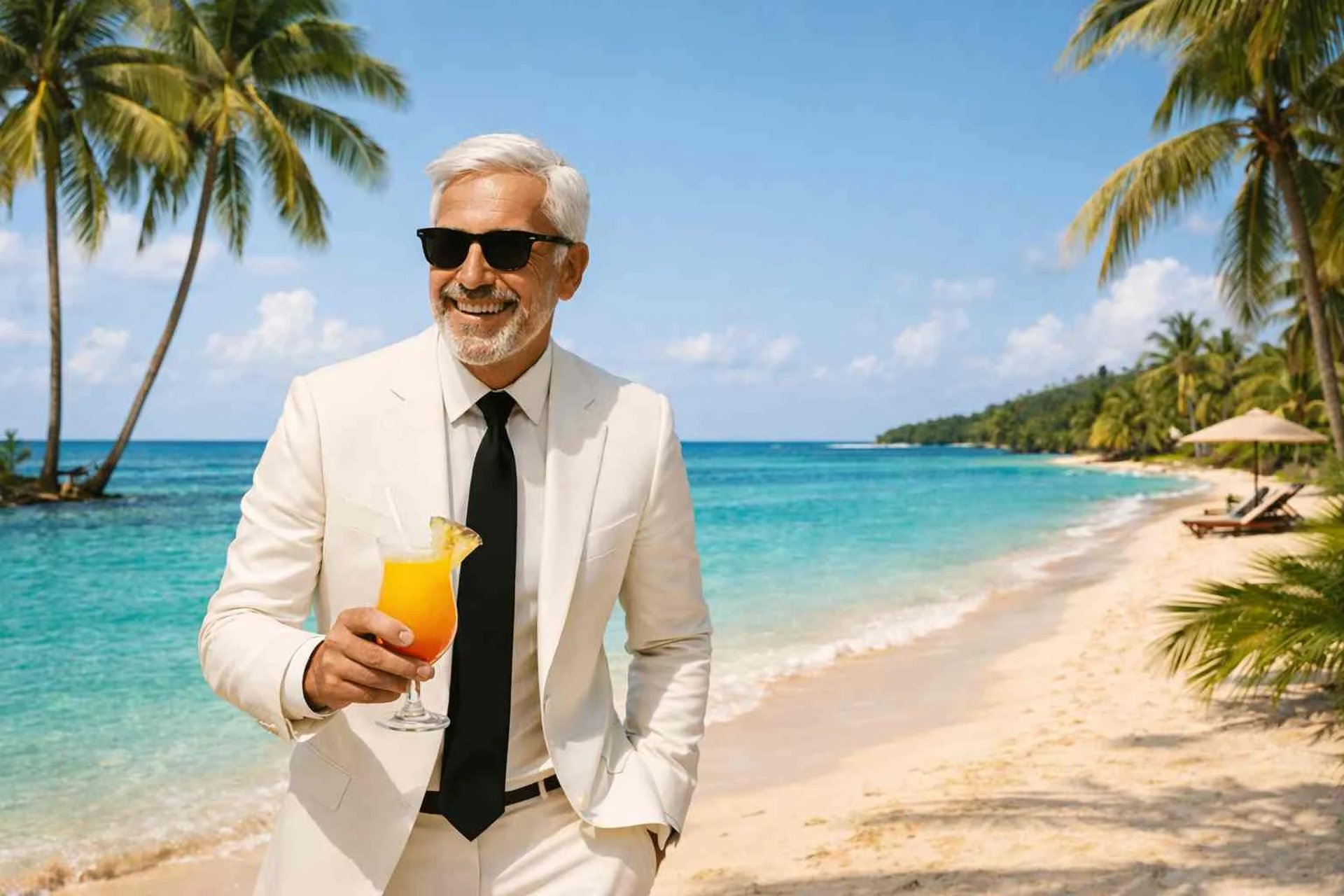 mann mit sonnenbrille sitzt im weissen anzug in der karibik am pool mit cocktail in der hand