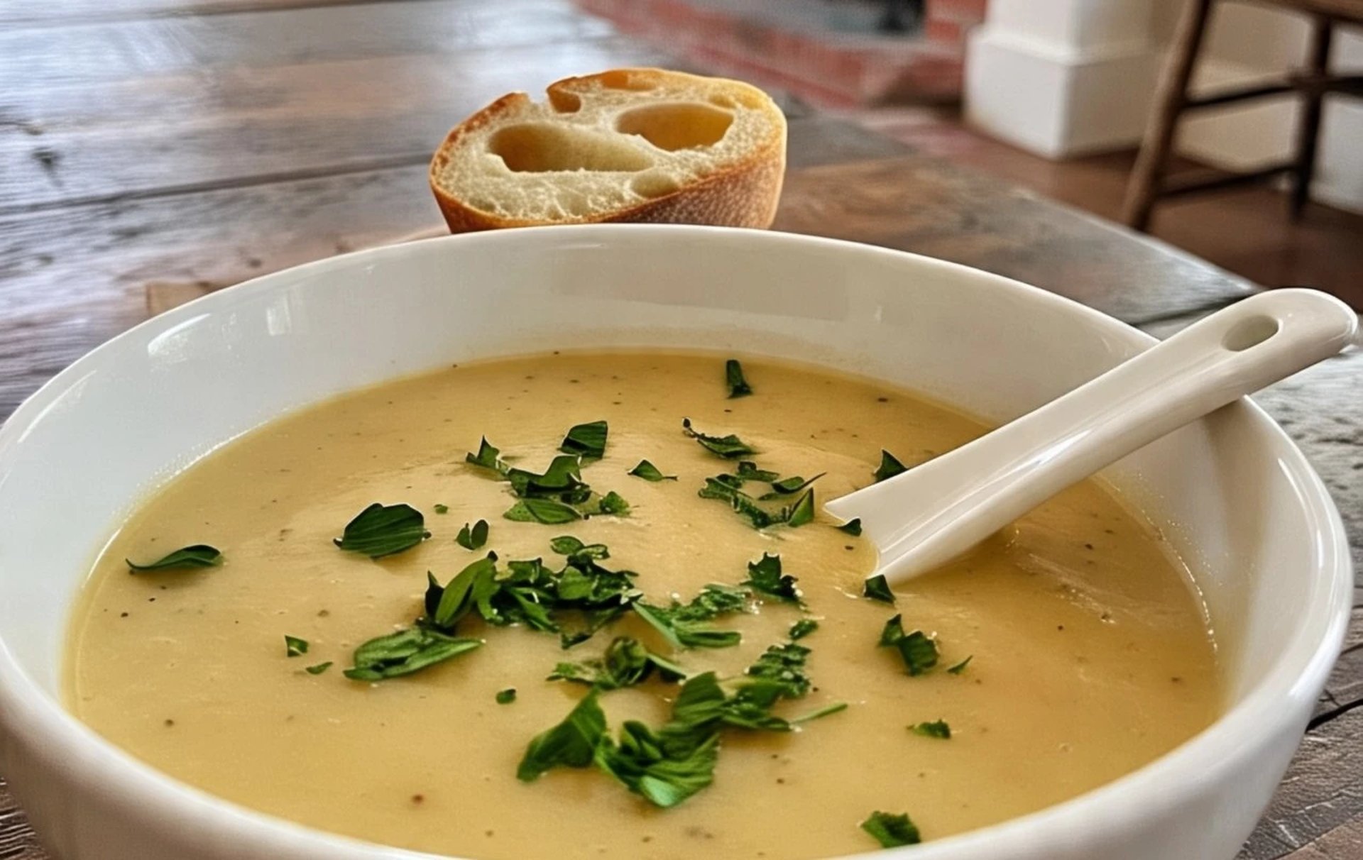 Creamy soup is served with bread and lemon.
