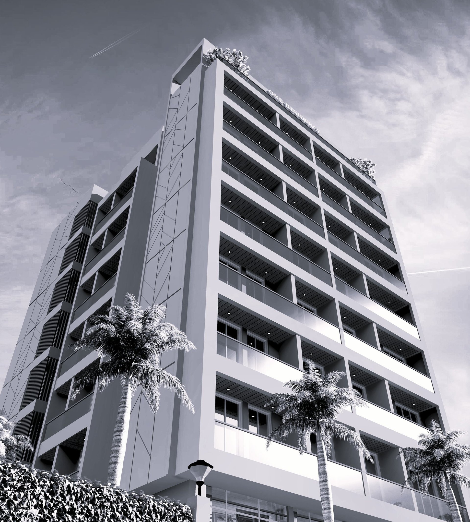 a black and white photo of a building with balconies