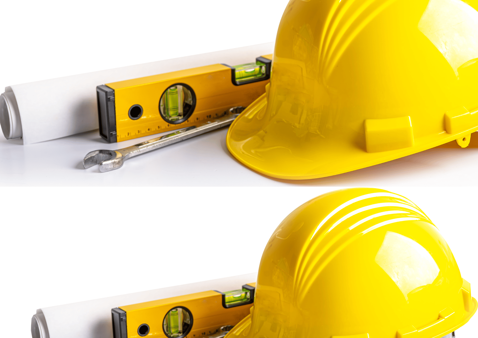 five yellow hard hats on gray surface