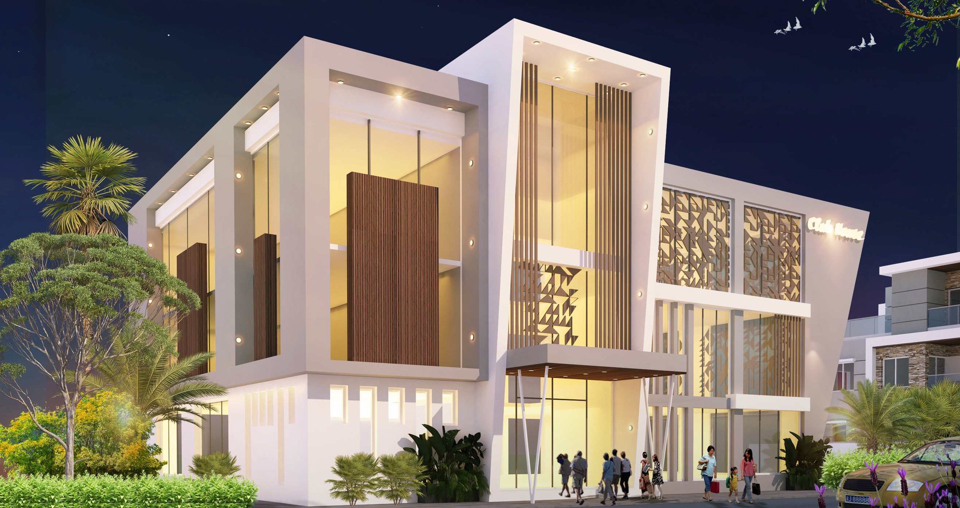 an abstract photo of a curved building with a blue sky in the background