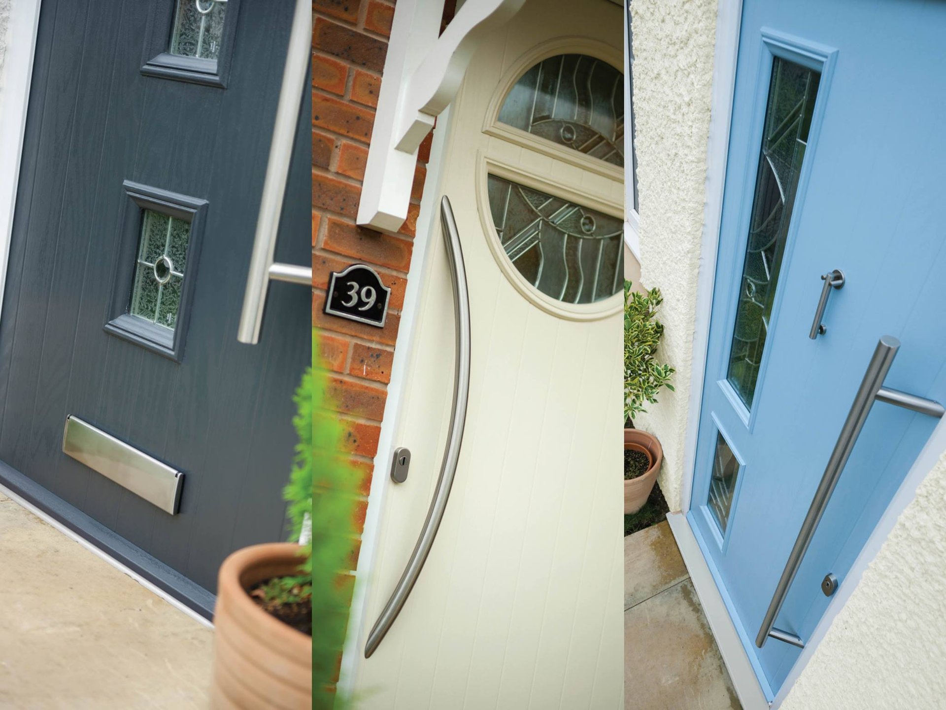 grey composite door with long handle, cream door with pattern glass, duck egg blue composite door