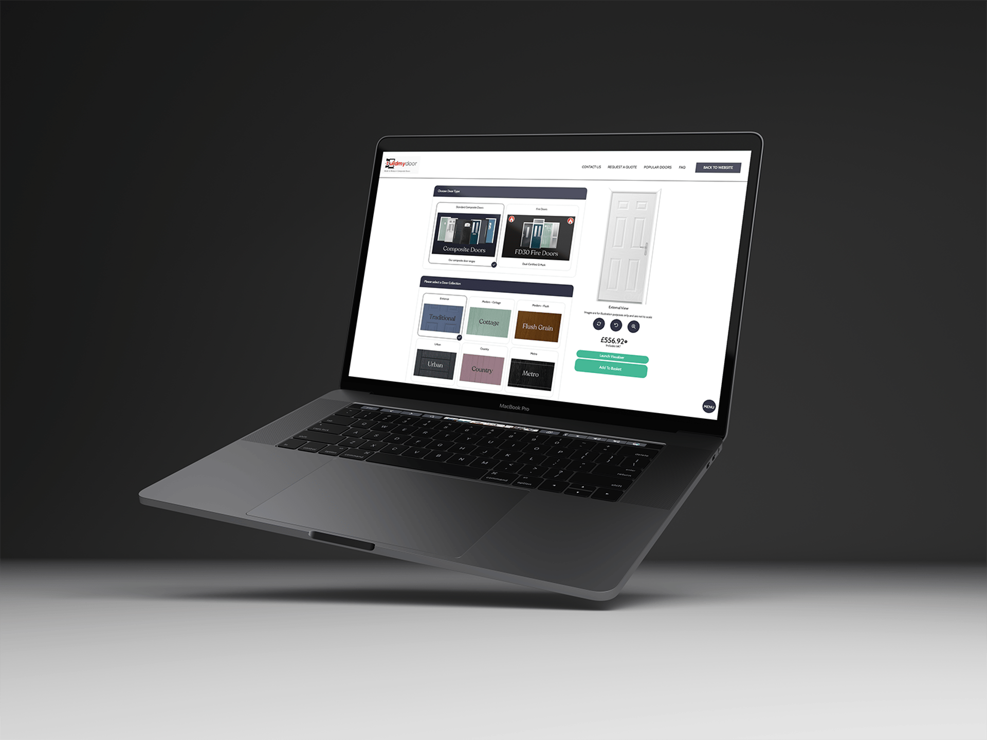 the buildmydoor door designer on a laptop showing how to design a new front door