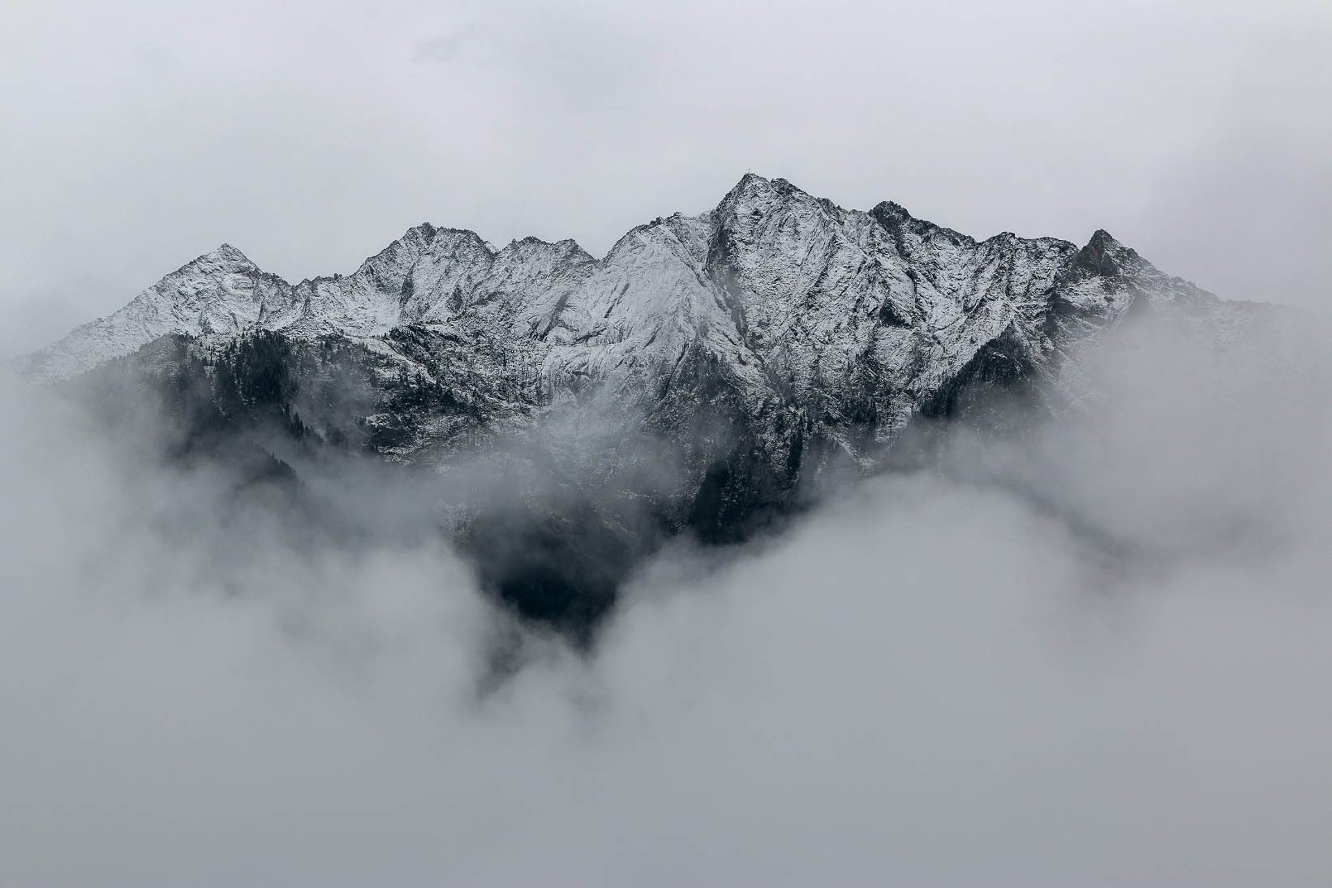 mountain coated by fog