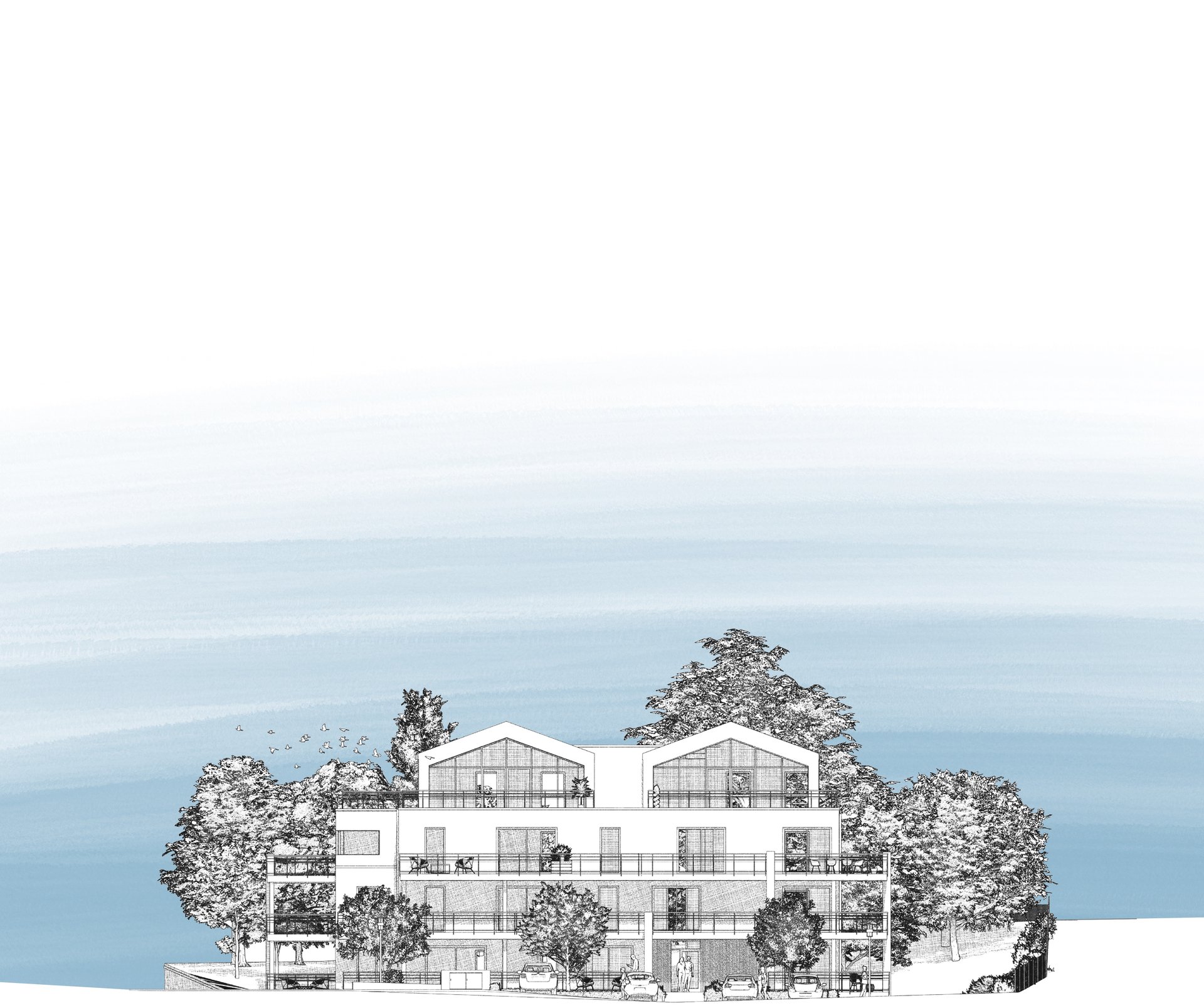 an abstract photo of a curved building with a blue sky in the background