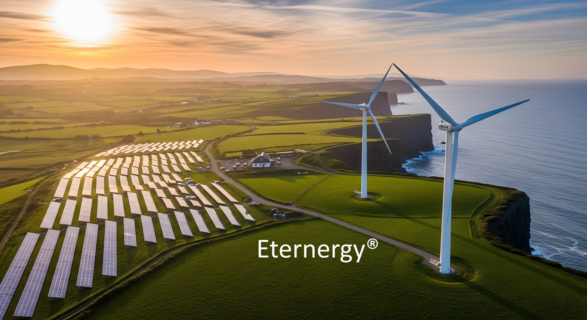 A wind farm with a wind turbine in the background