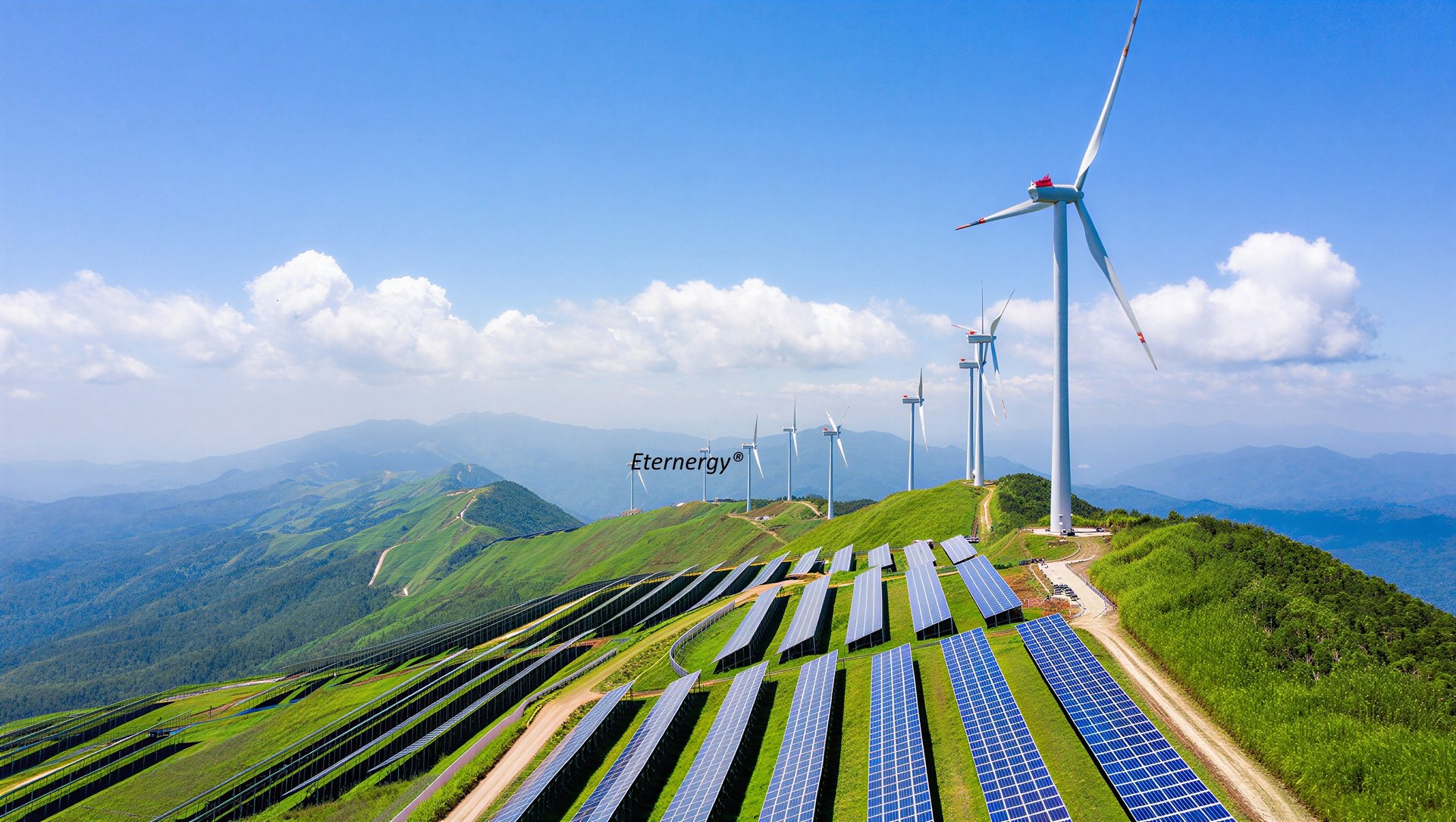 A wind farm with a wind turbine in the background