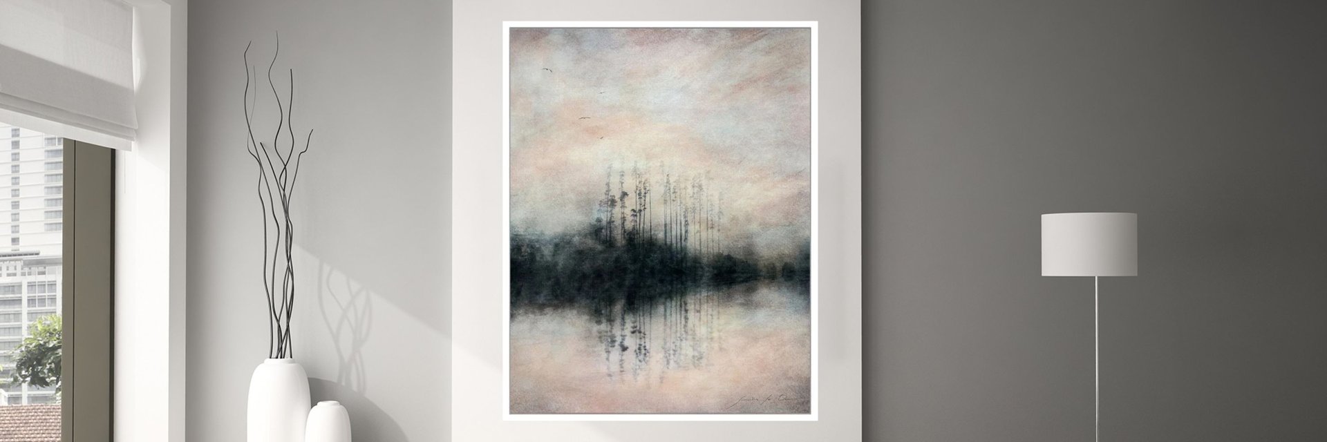 Divine Harmony by Samantha Osner – soft pastel-toned landscape with tree reflections, featured on Chardonnay Osner Label a