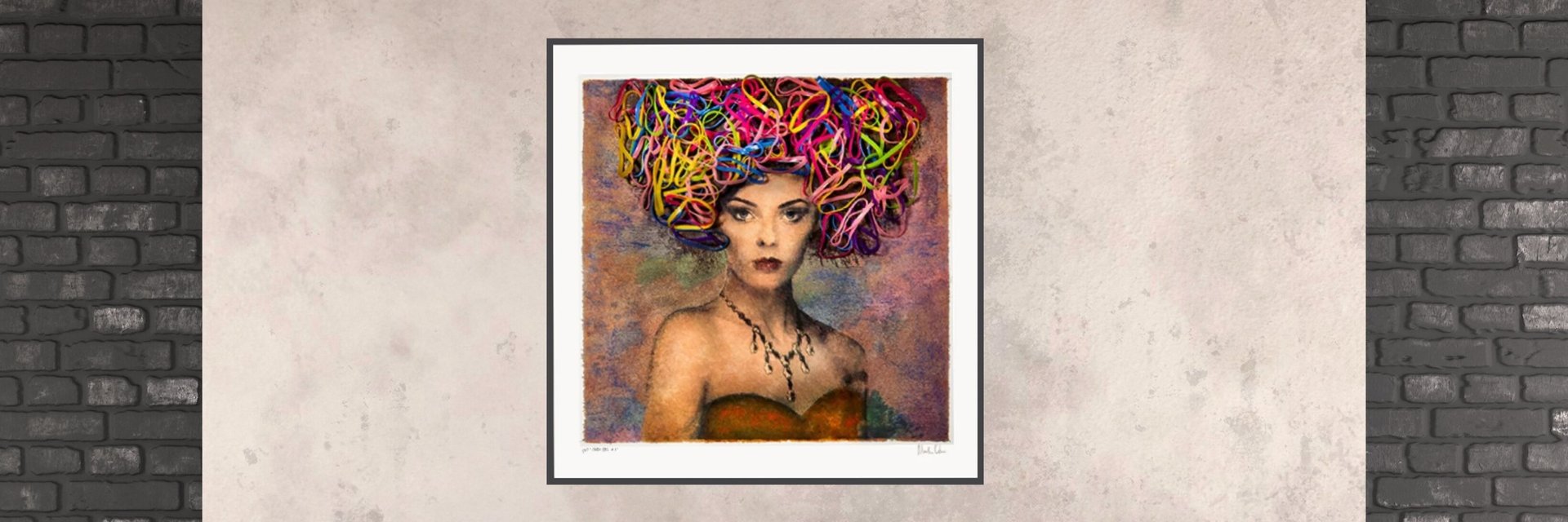Candy Girl by Martin Osner – mixed-media portrait with painted photo and rubber bands, framed against a textured wall.