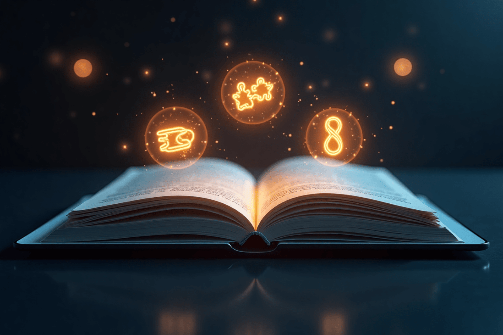 Imagen hiperrealista de una tablet con un e-book abierto, rodeada de tres zonas visuales: una muestra la creación de un produ