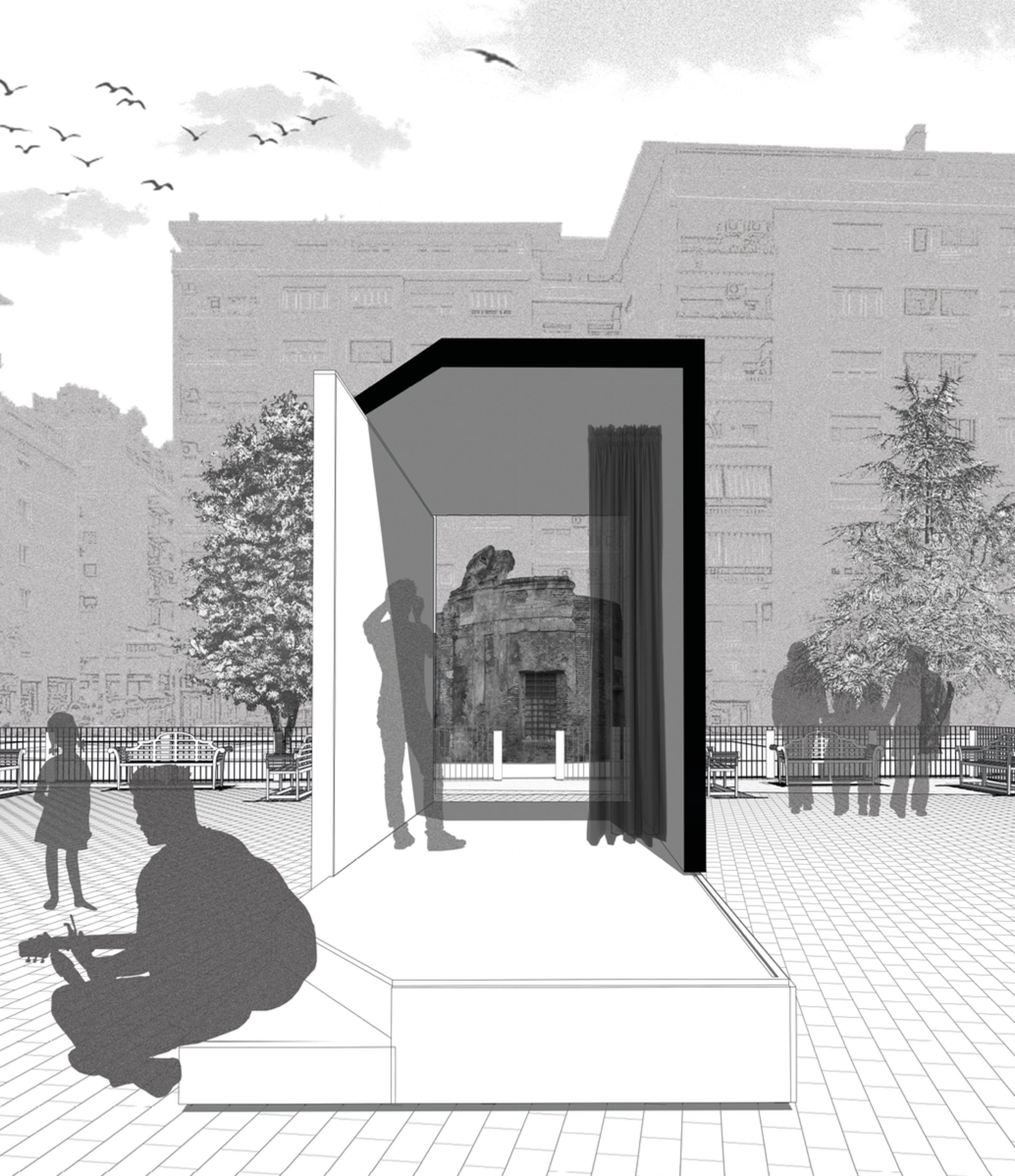 an abstract photo of a curved building with a blue sky in the background