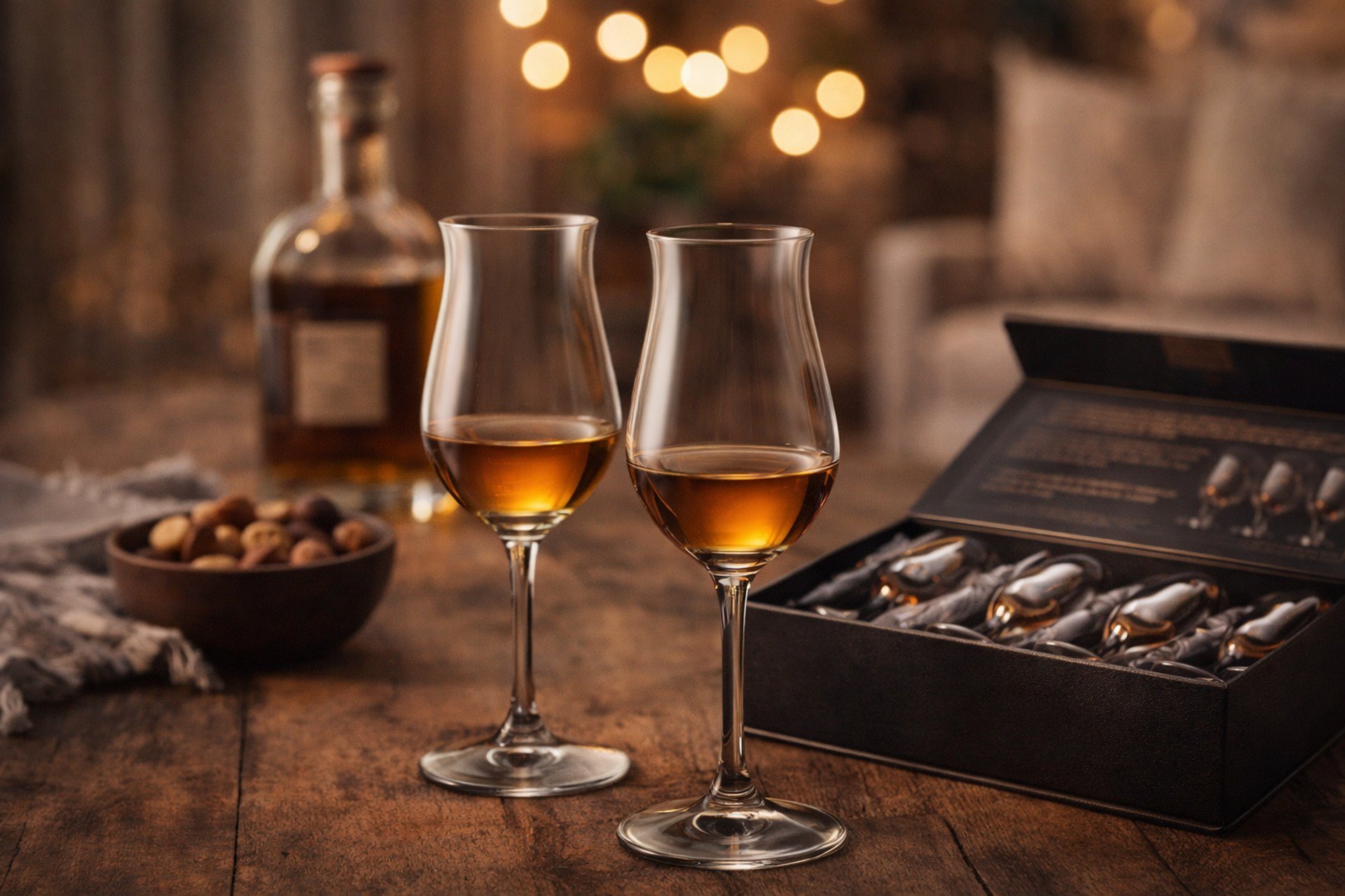 a couple of glasses sitting on top of a table