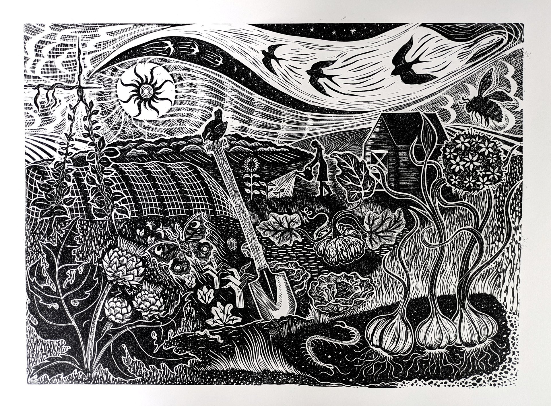 linocut print of an allotment with vegetables growing and a gardener watering plants