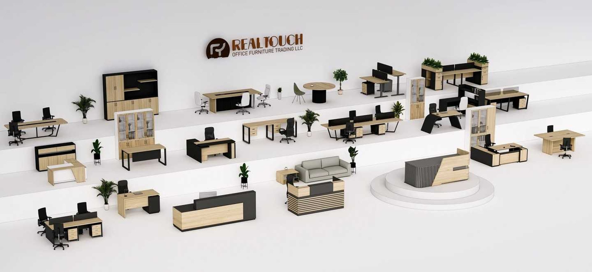 Premium modern office furniture showroom with ergonomic chairs, executive desks, and custom workstations by Royal Real Touch
