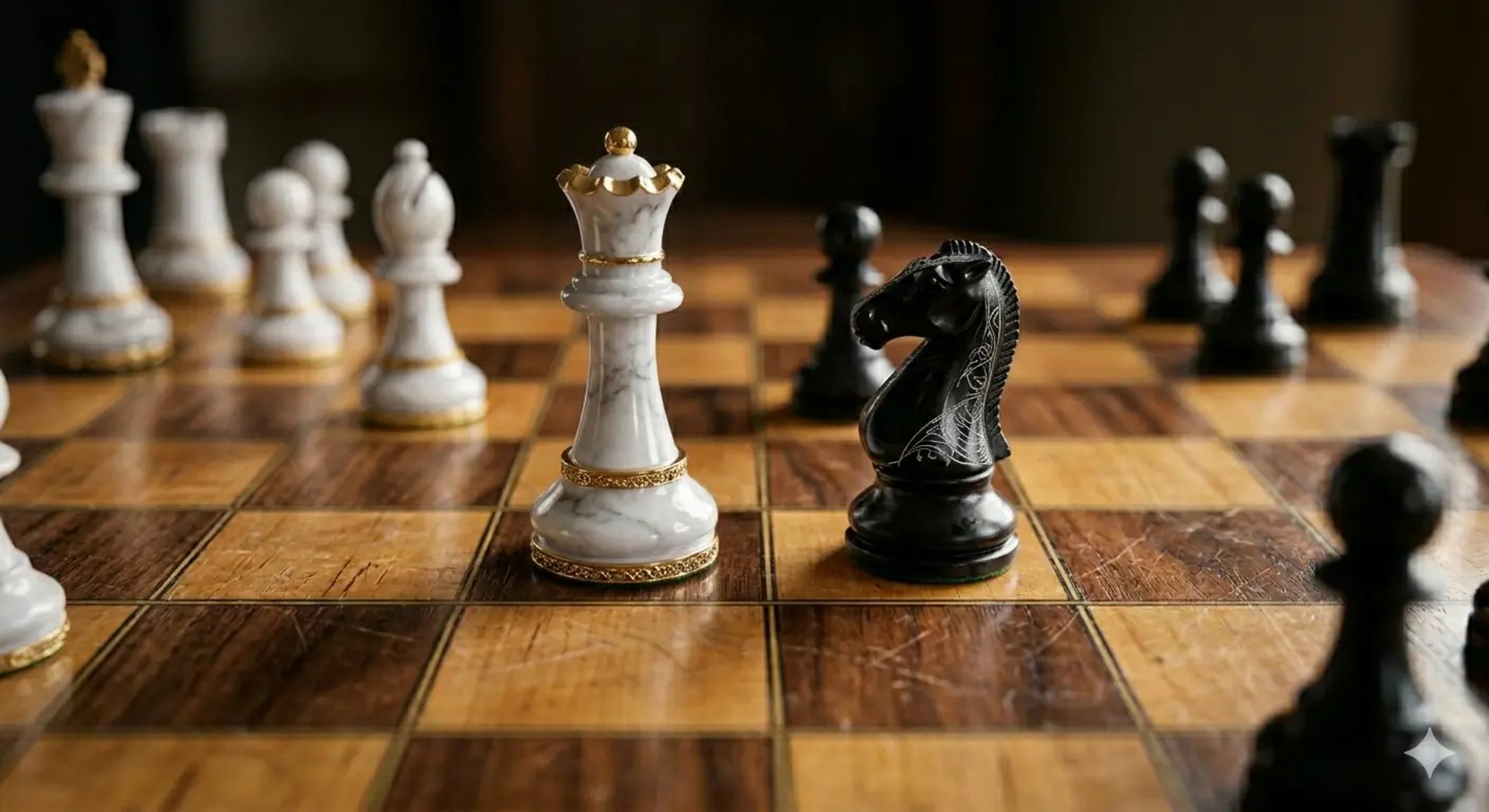 a chess board with blue glass pieces on it