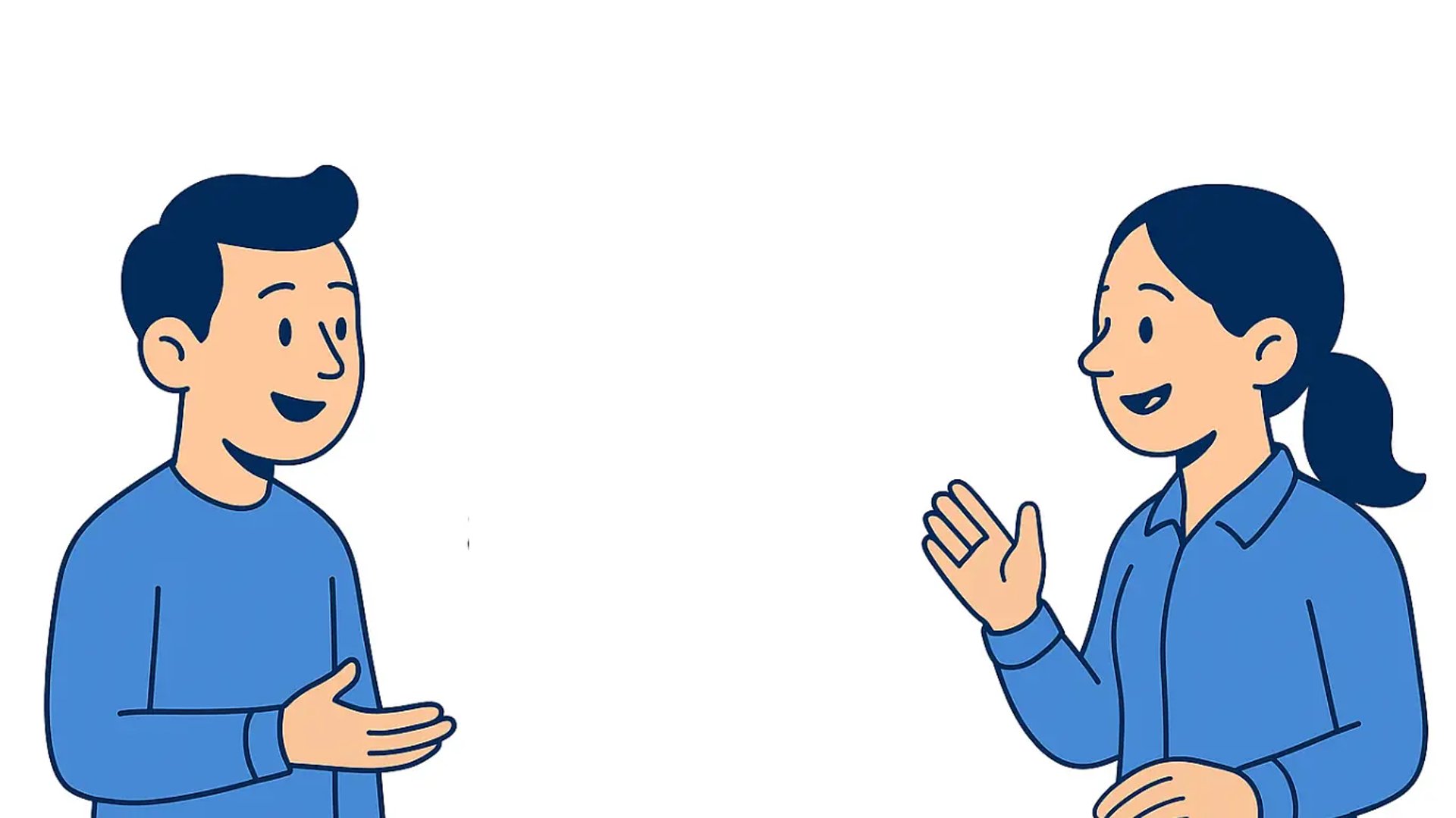 Ilustración vectorial de dos personas conversando frente a frente sobre fondo blanco, representando atención personalizada y 