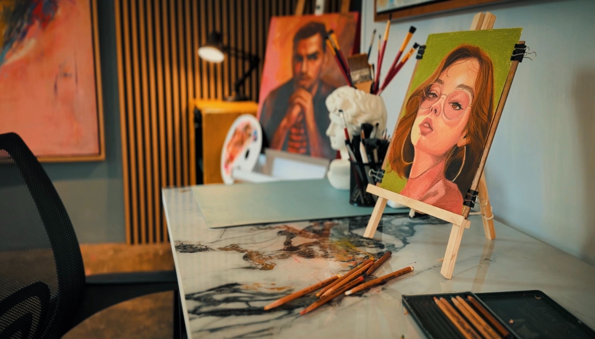 an abstract photo of a curved building with a blue sky in the background