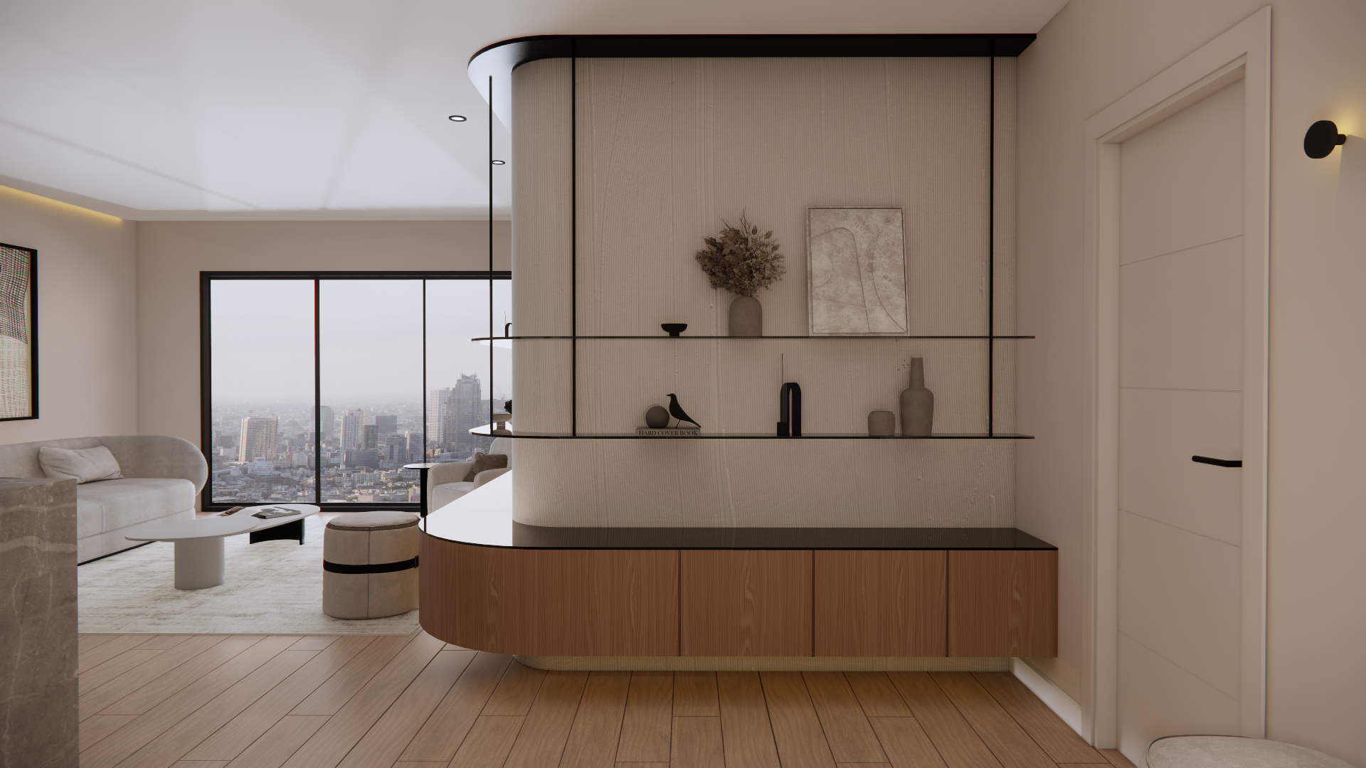 Proyecto Lusitano. Detalles de mueble de salón de madera con luz led