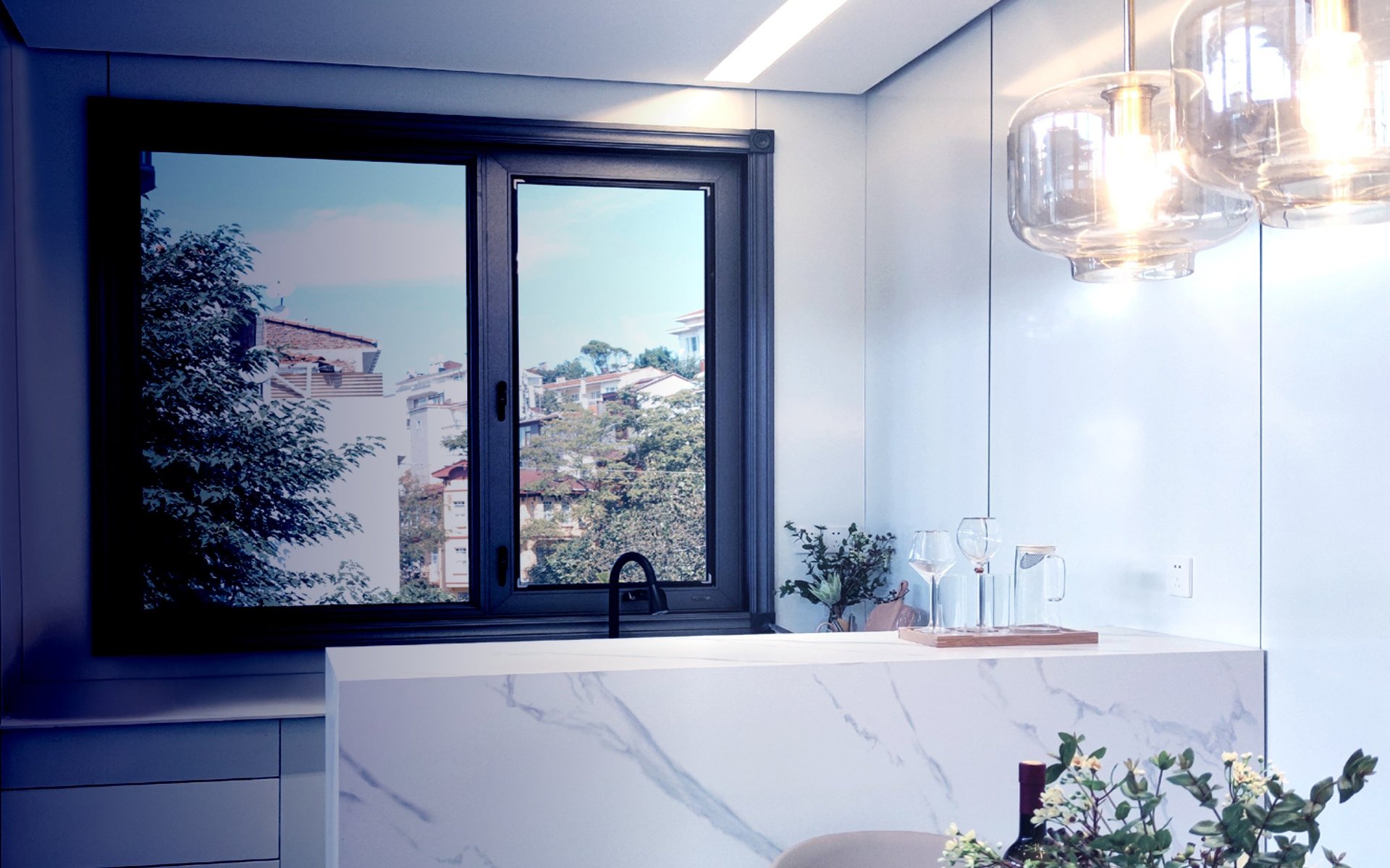 an abstract photo of a curved building with a blue sky in the background