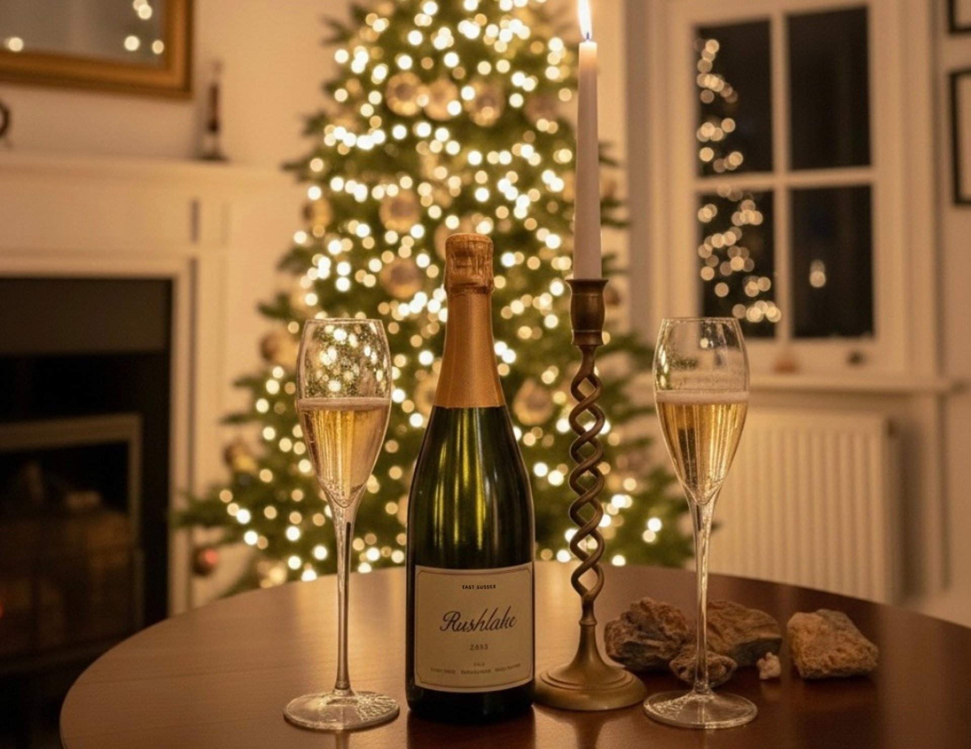 two glasses of wine sitting on a table in front of a christmas tree