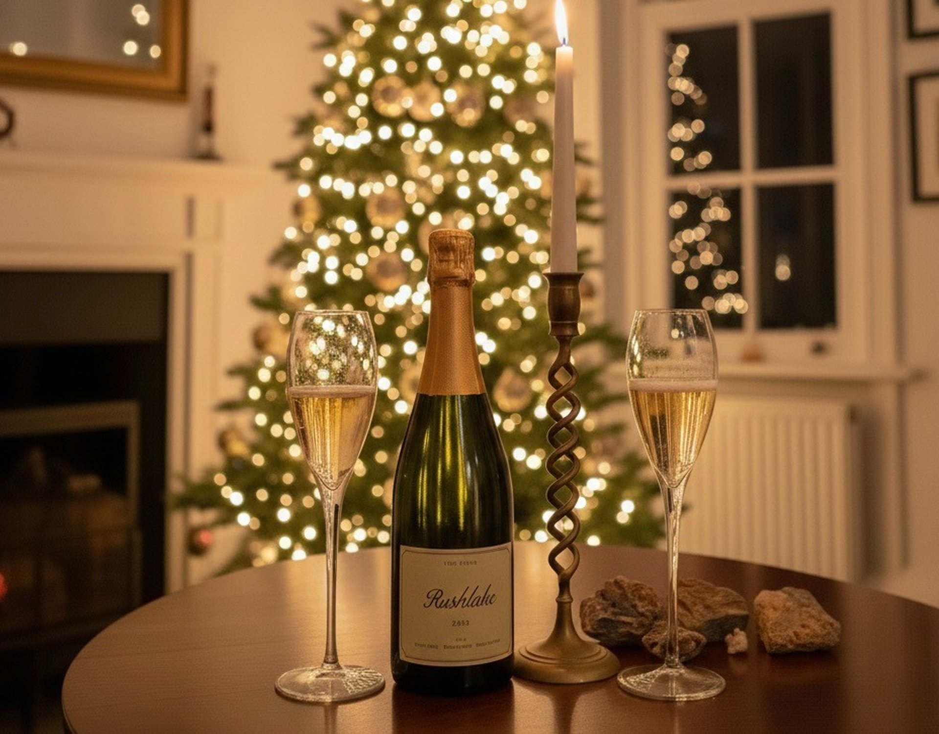 two glasses of wine sitting on a table in front of a christmas tree