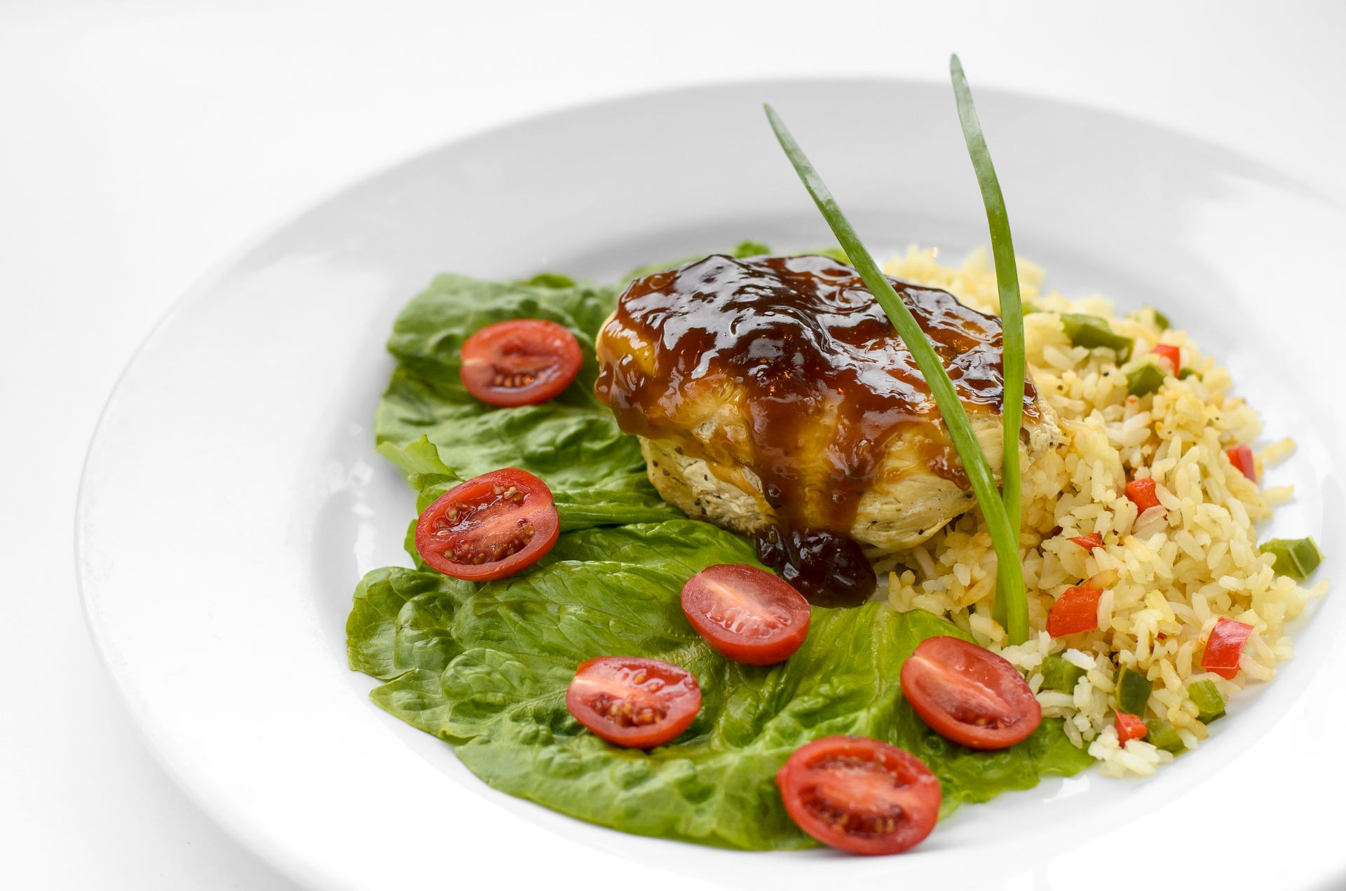 Pollo con salsa con arroz y ensalada