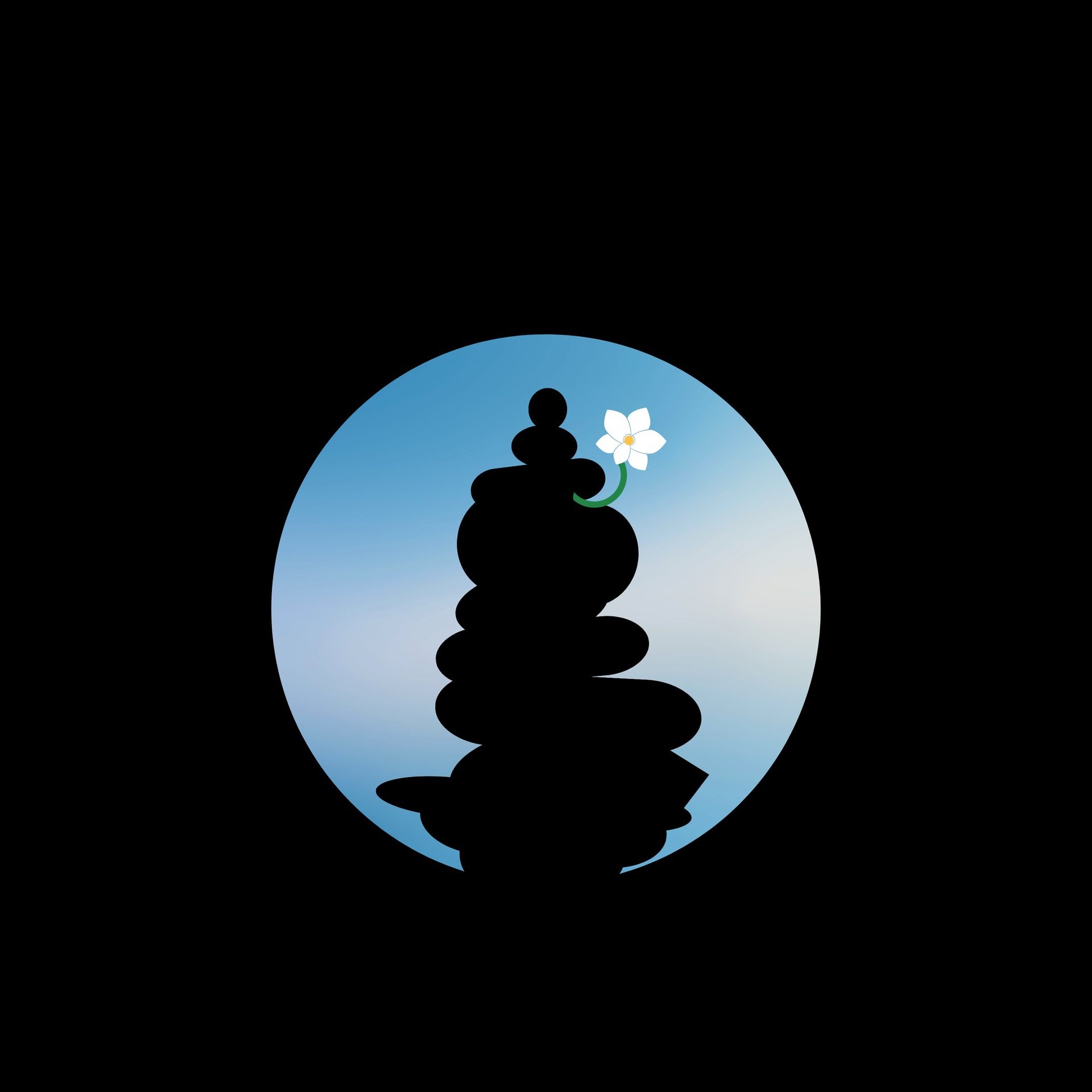 unanomalize logo as black cairn with a white orchid growing from it, blue sky behind representing extraordinary experience