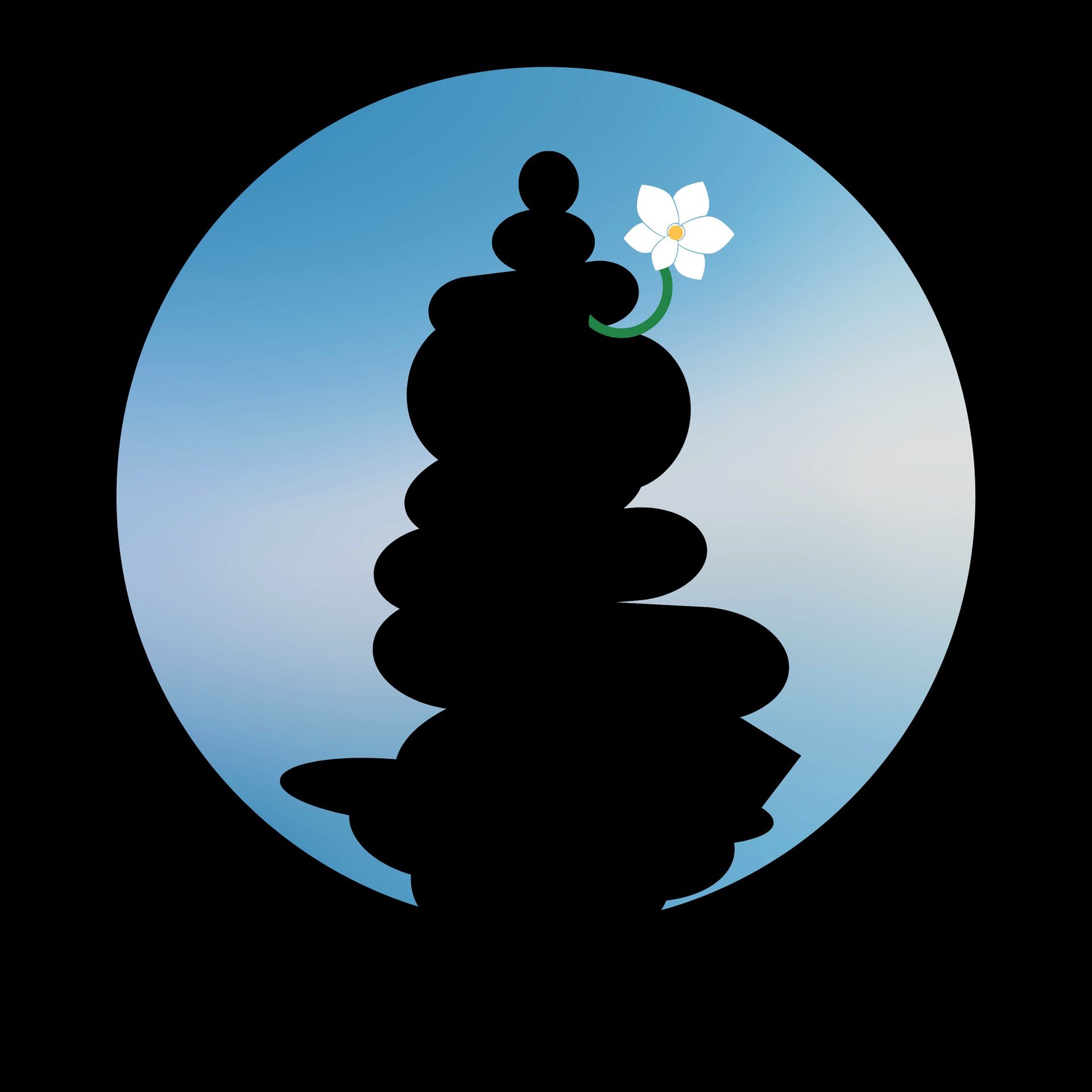 unanomalize logo circle icon as black cairn, white orchid, blue sky for support page 
