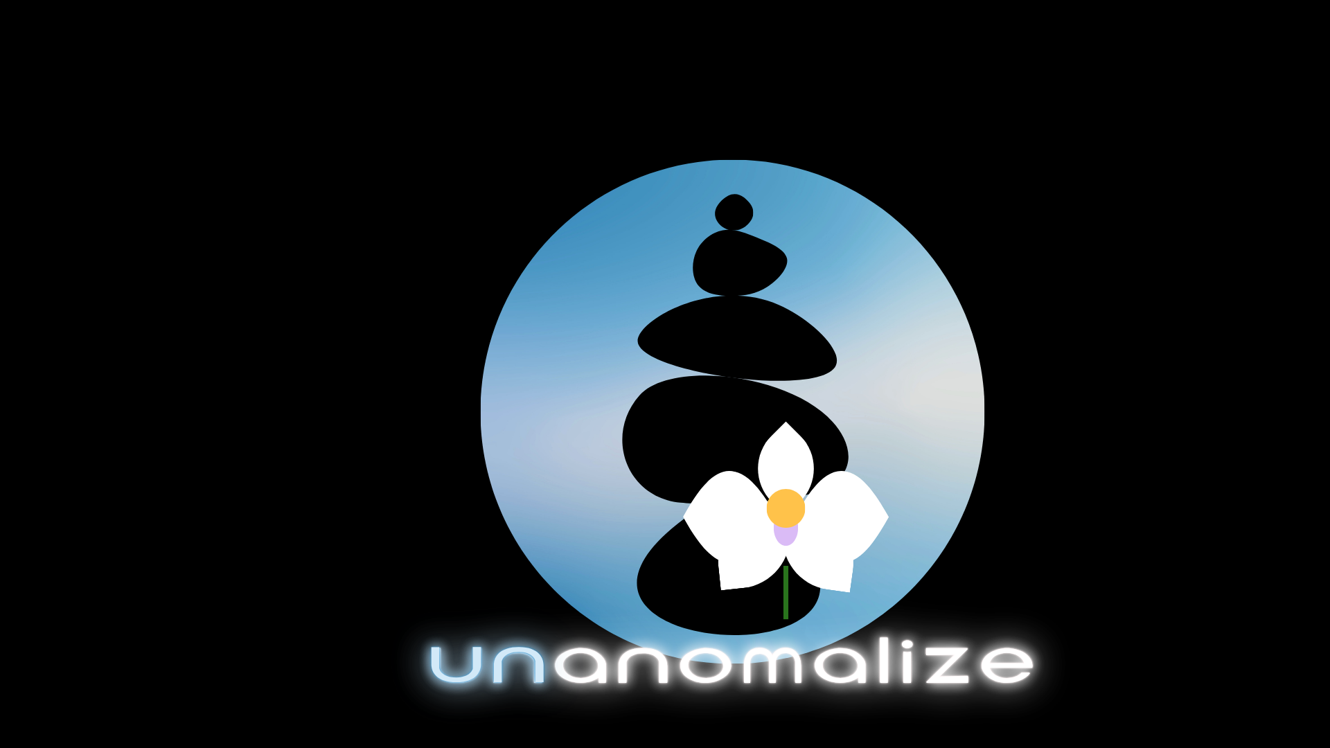 Brand art of unanomalize, full black square, big skyblue circle, name in white & skyblue neon, a black cairn, a white orchid