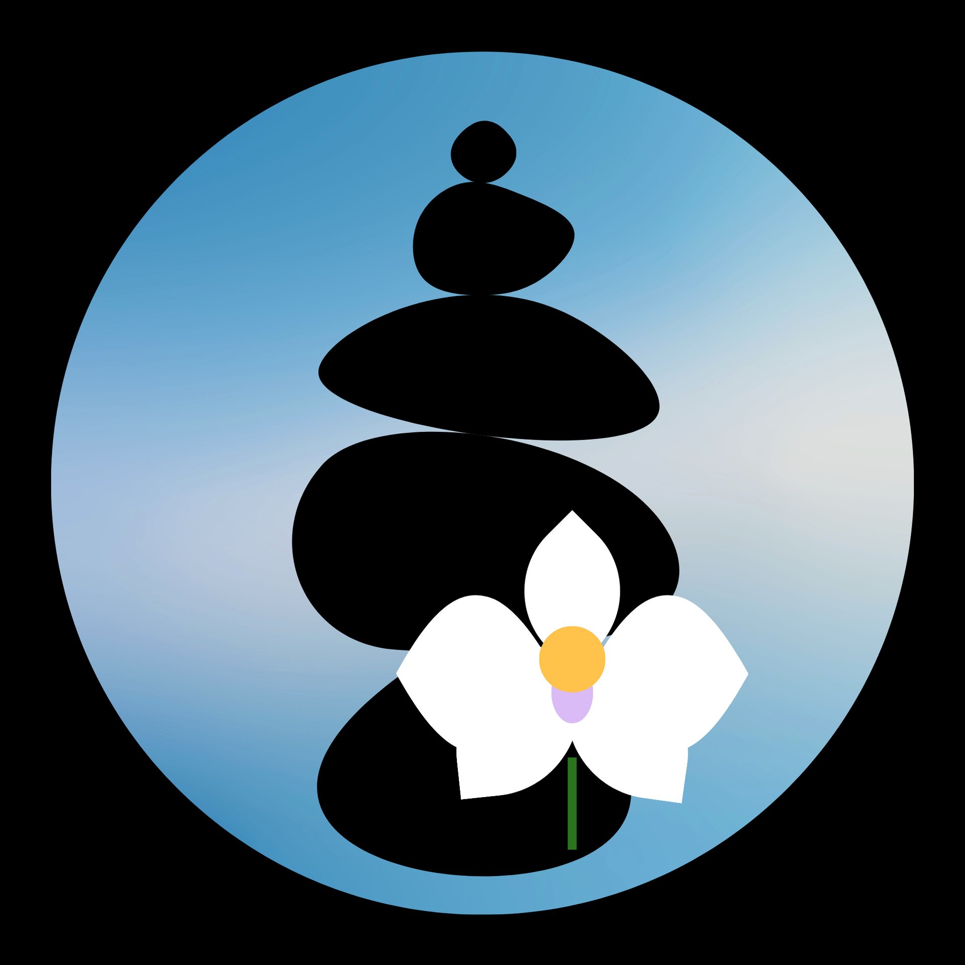 Brand logo of unanomalize, full black square, centered big skyblue circle, a black cairn, a white orchid