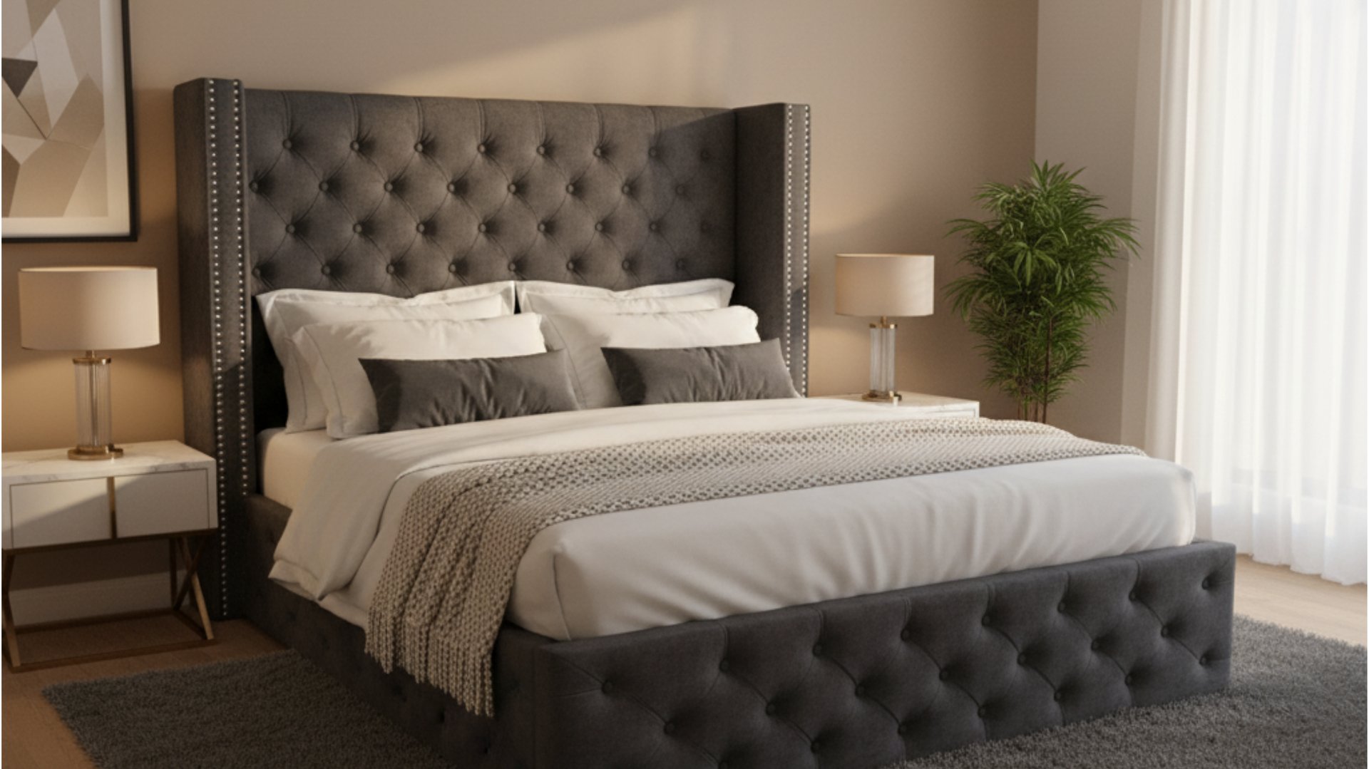 white nightstand and tufted white fabric bench beside bed