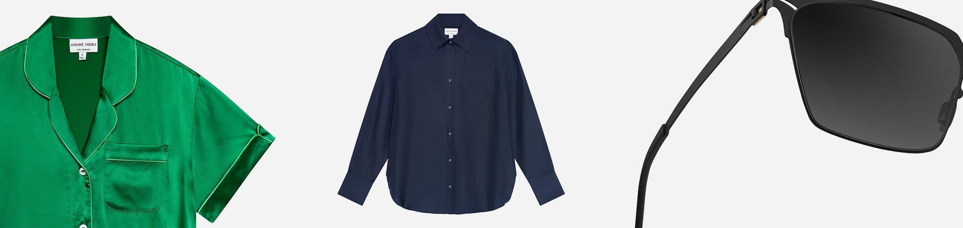 Lifestyle product photography: a green satin shirt, a navy blue long-sleeve shirt, and black sunglasses. Product photographer