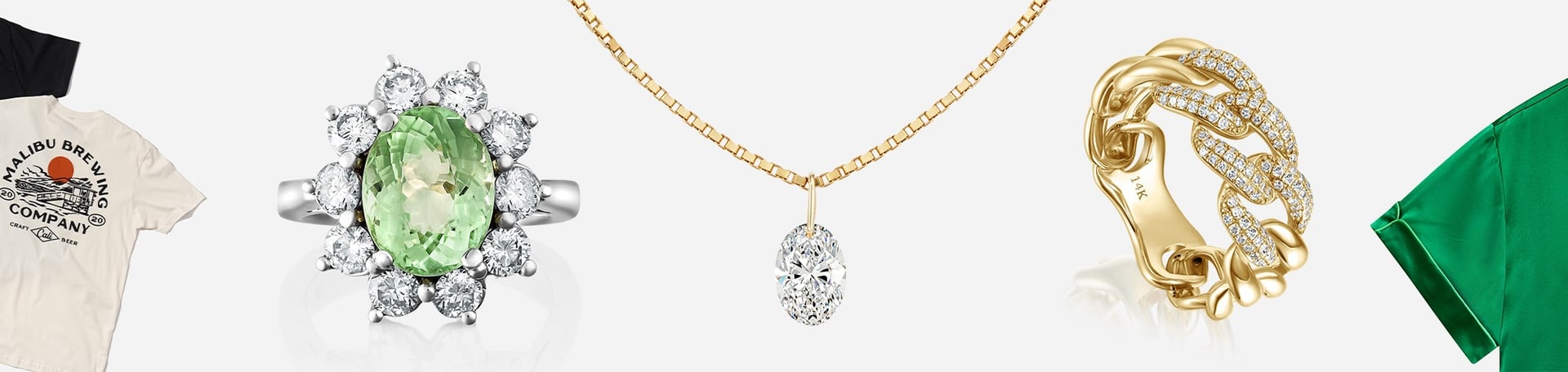 Lifestyle and jewelry product photography banner. T-shirt, a green gemstone ring, a diamond pendant necklace, and a chain