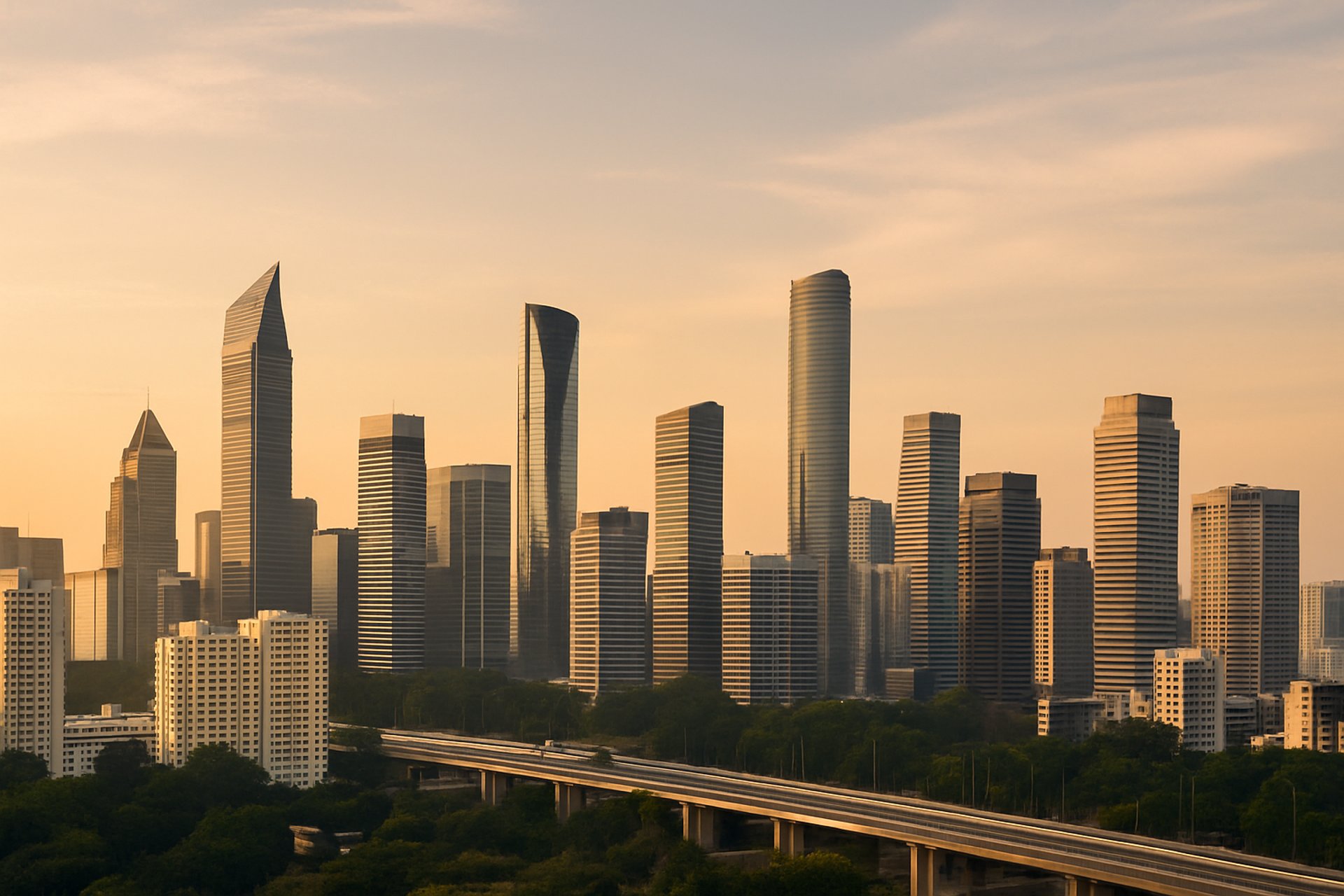 Cityscape with tall buildings and a highway.